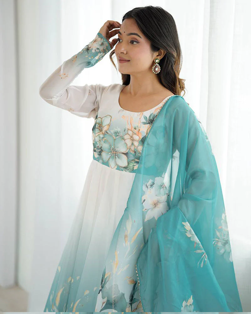 Aqua Blue Floral Print Organza Three Piece Anarkali Suit - Image 2