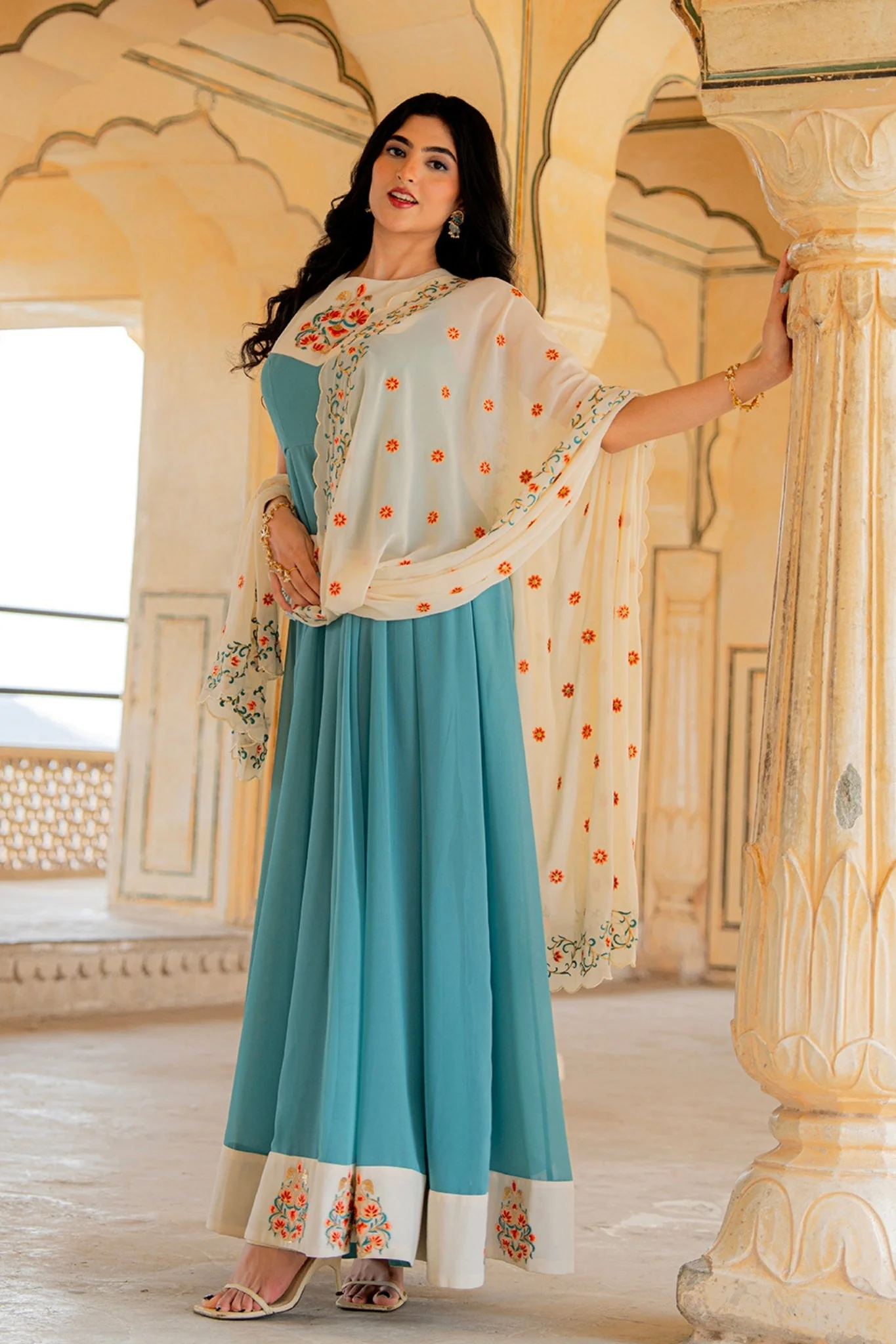 Aqua Ivory Blue Elegance Hand Embroidered Anarkali Set - Image 3