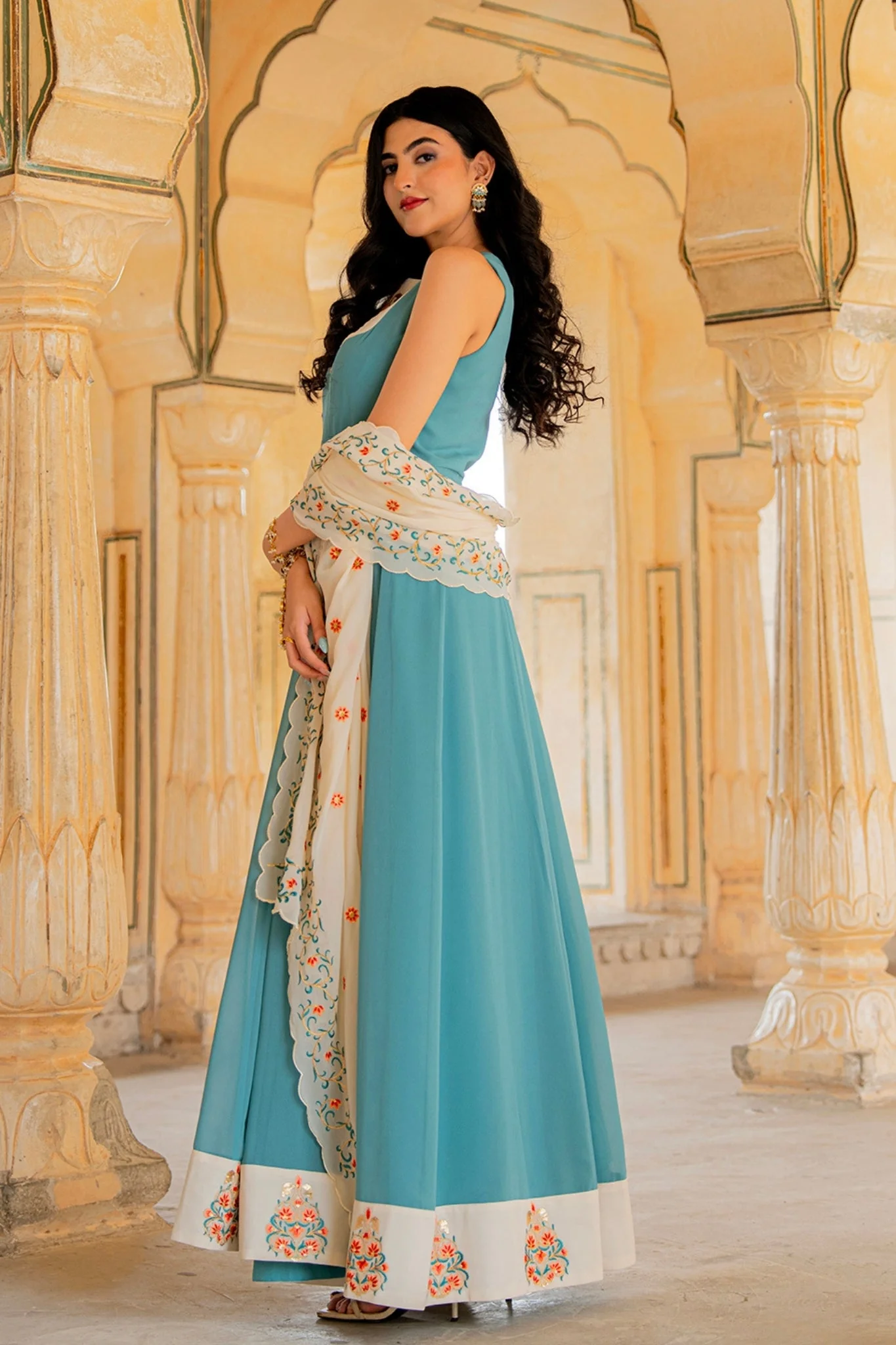Aqua Ivory Blue Elegance Hand Embroidered Anarkali Set - Image 5