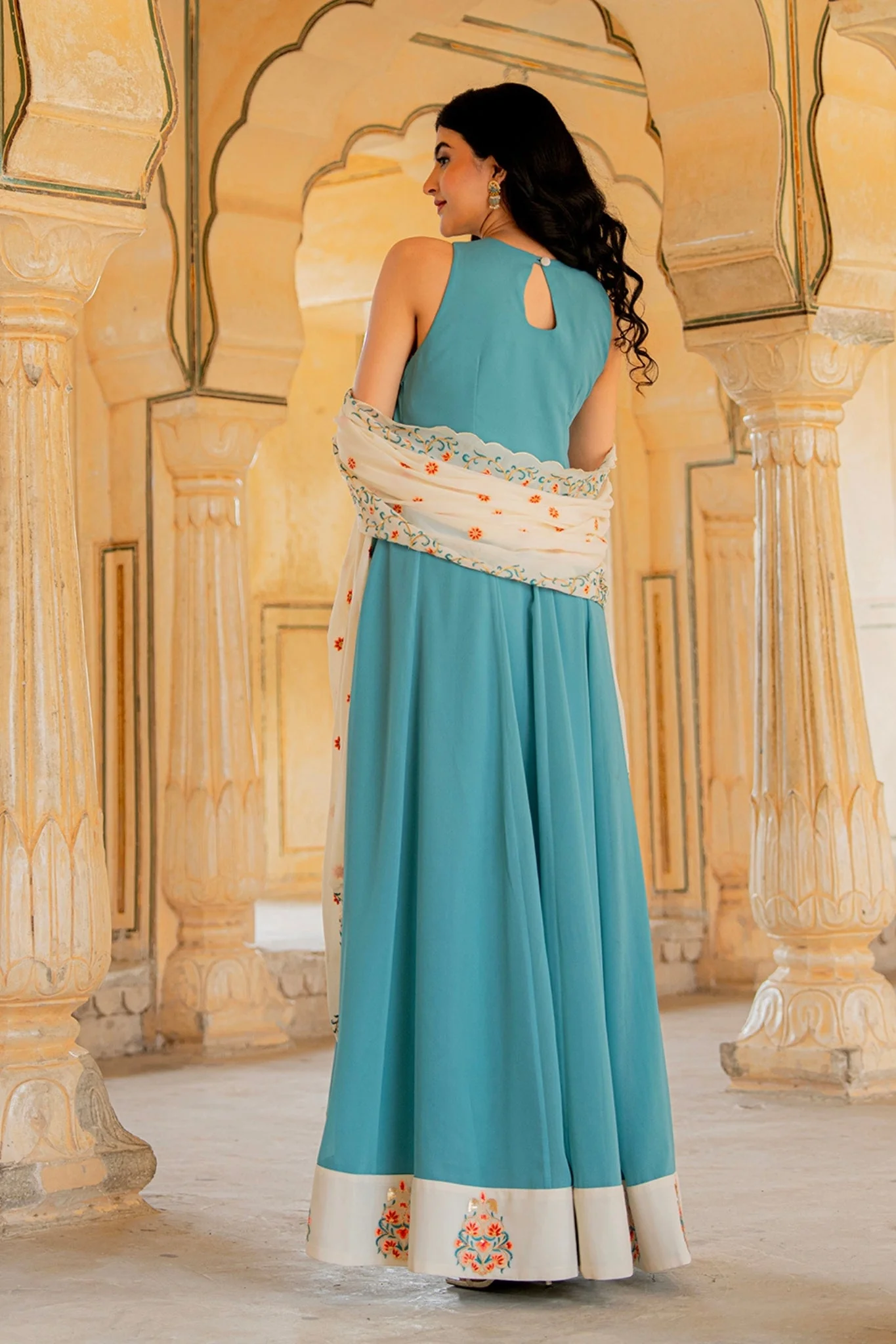 Aqua Ivory Blue Elegance Hand Embroidered Anarkali Set - Image 6