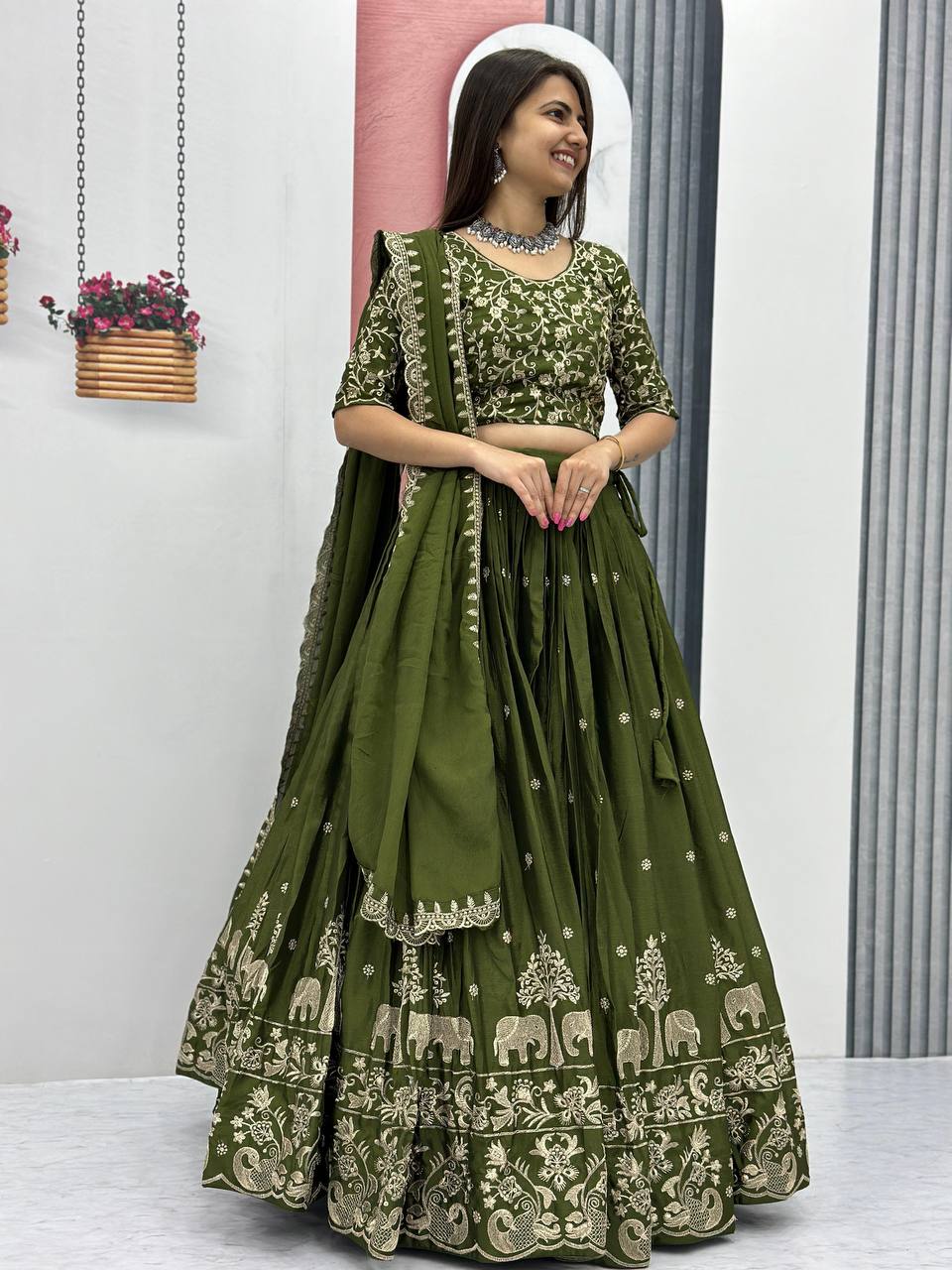 Beautiful Chinon Silk Embroidery Thread Work Ready to Wear Lehenga Choli - Image 42