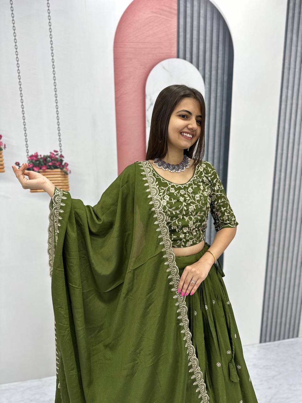Beautiful Chinon Silk Embroidery Thread Work Ready to Wear Lehenga Choli - Image 43