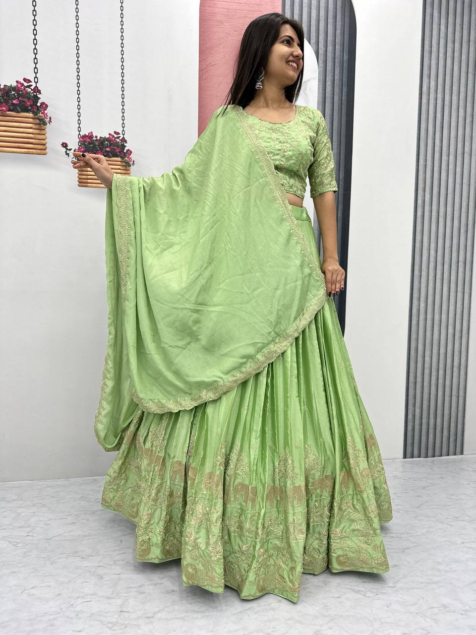 Beautiful Chinon Silk Embroidery Thread Work Ready to Wear Lehenga Choli - Image 7