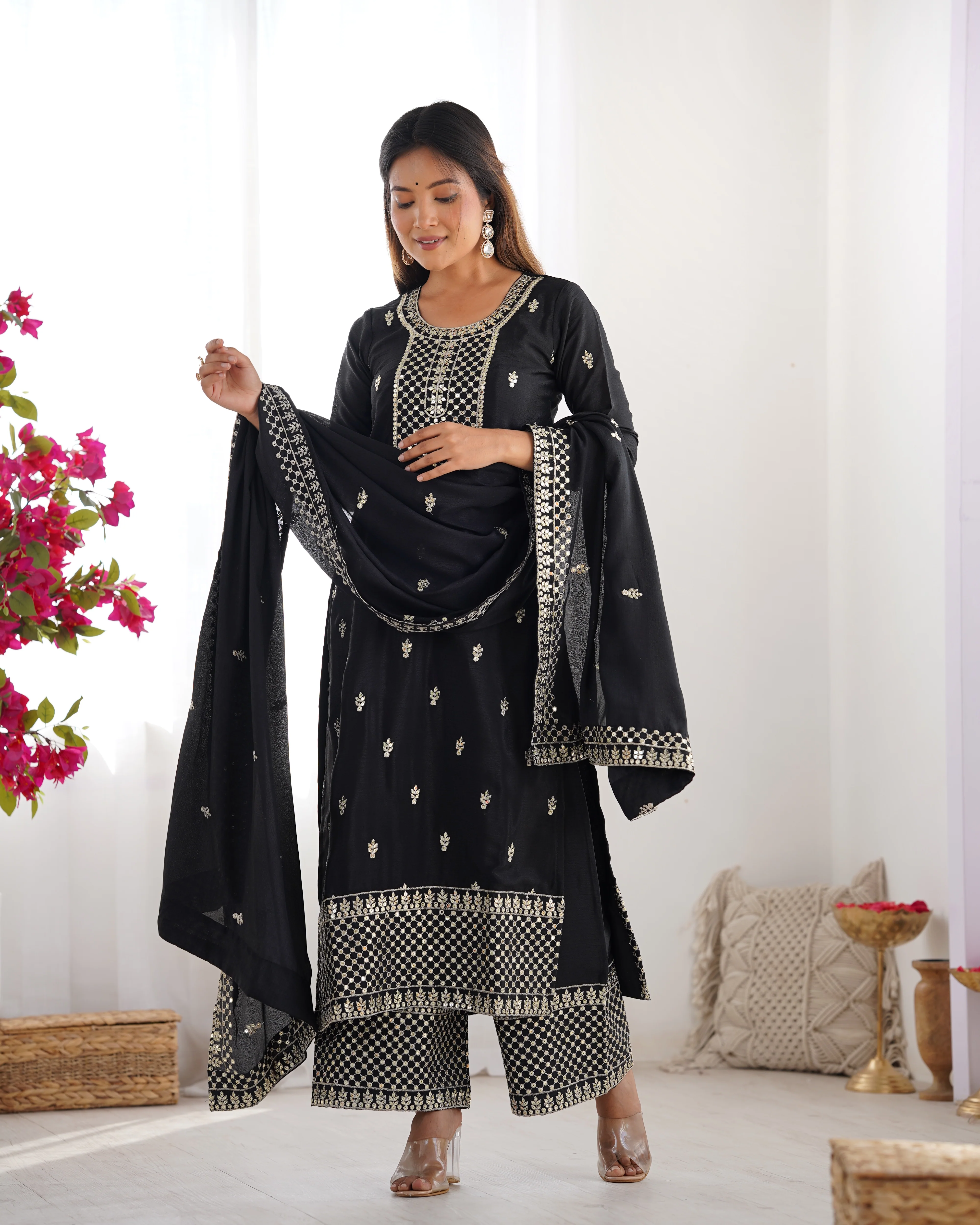 Beautiful Pure Chinon Silk Fabric Straight Fit Kurta, Dupatta With Trouser Set - BLACK - Image 6