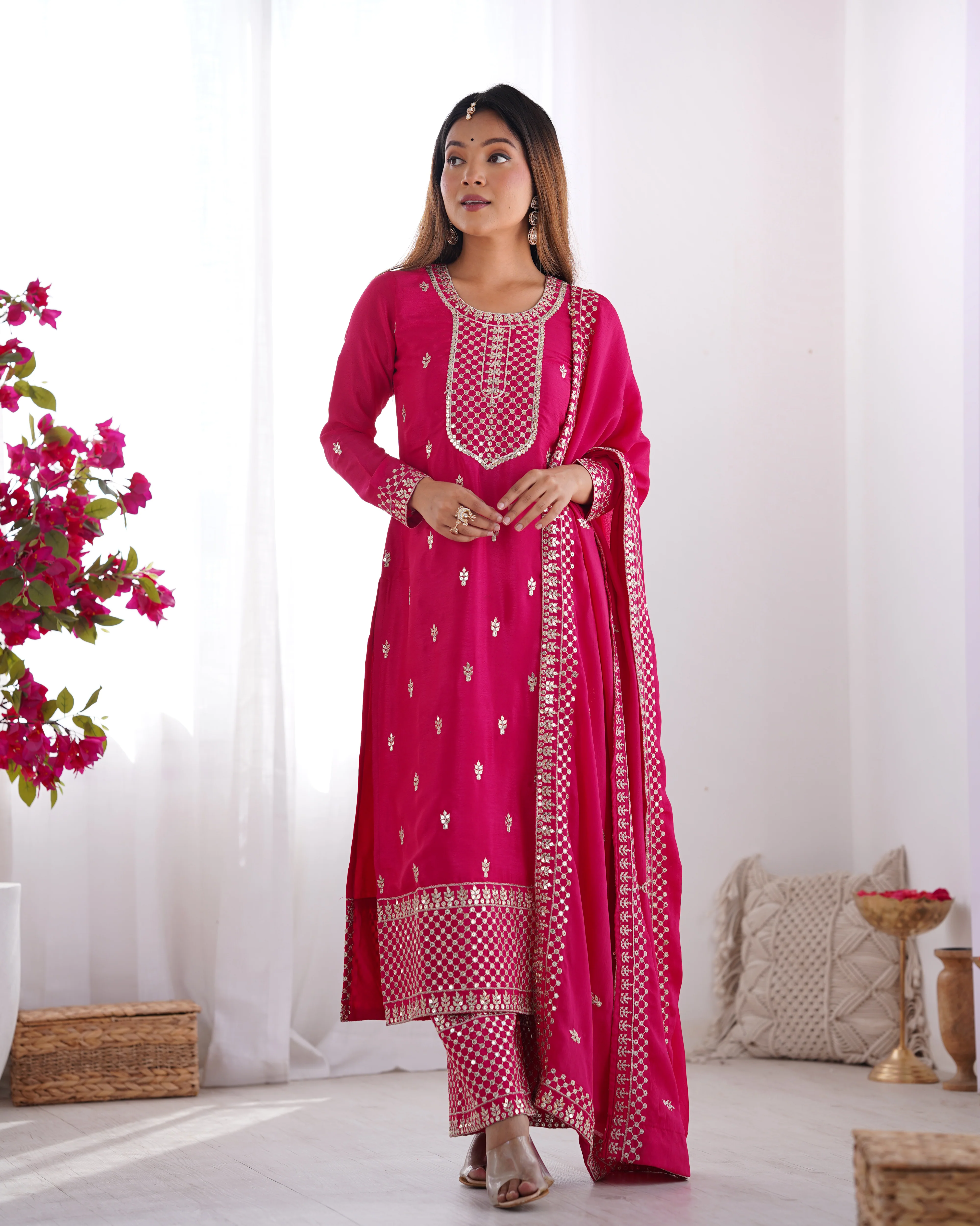 Beautiful Pure Chinon Silk Fabric Straight Fit Kurta, Dupatta With Trouser Set - Pink - Image 2
