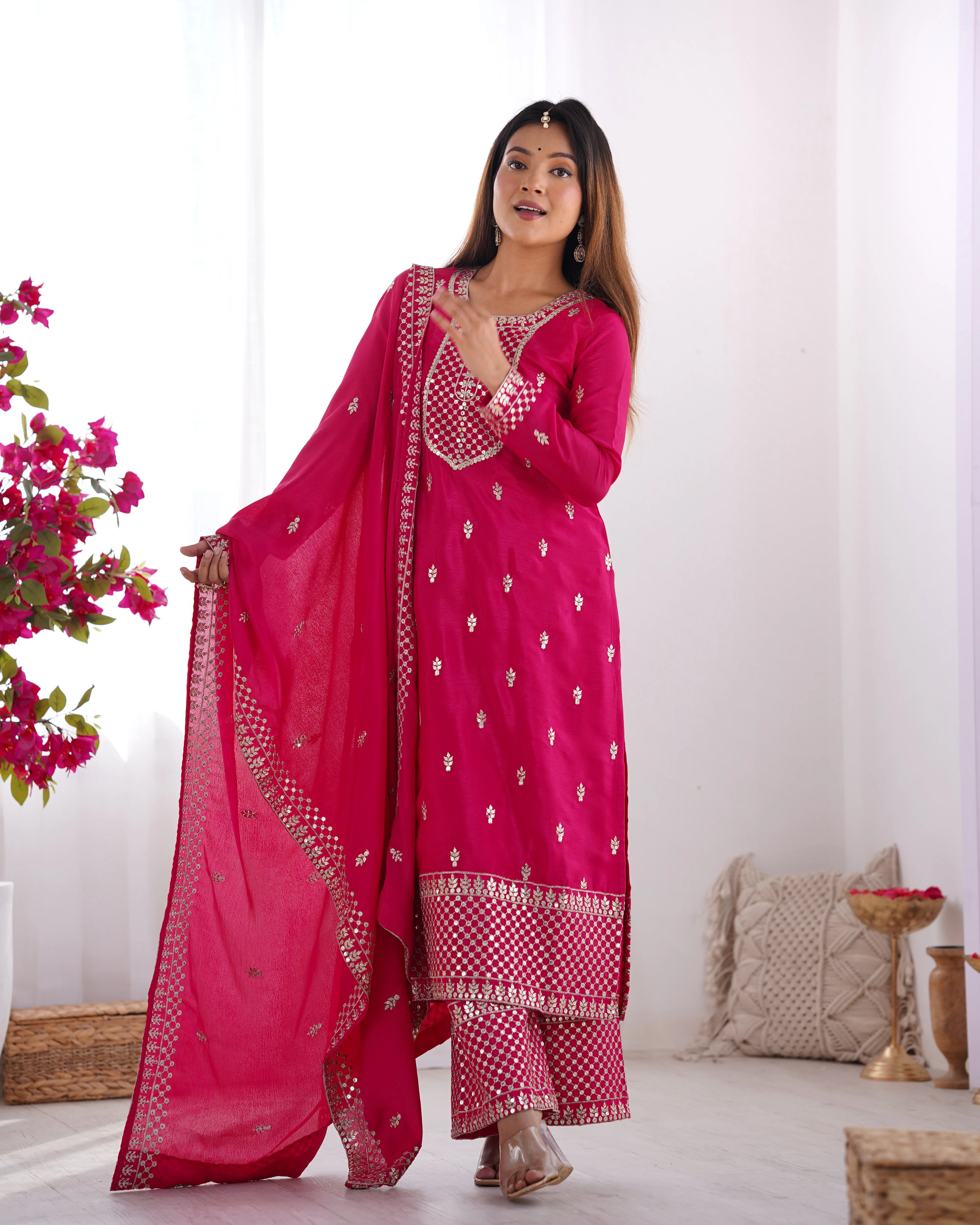 Beautiful Pure Chinon Silk Fabric Straight Fit Kurta, Dupatta With Trouser Set - Pink - Image 3