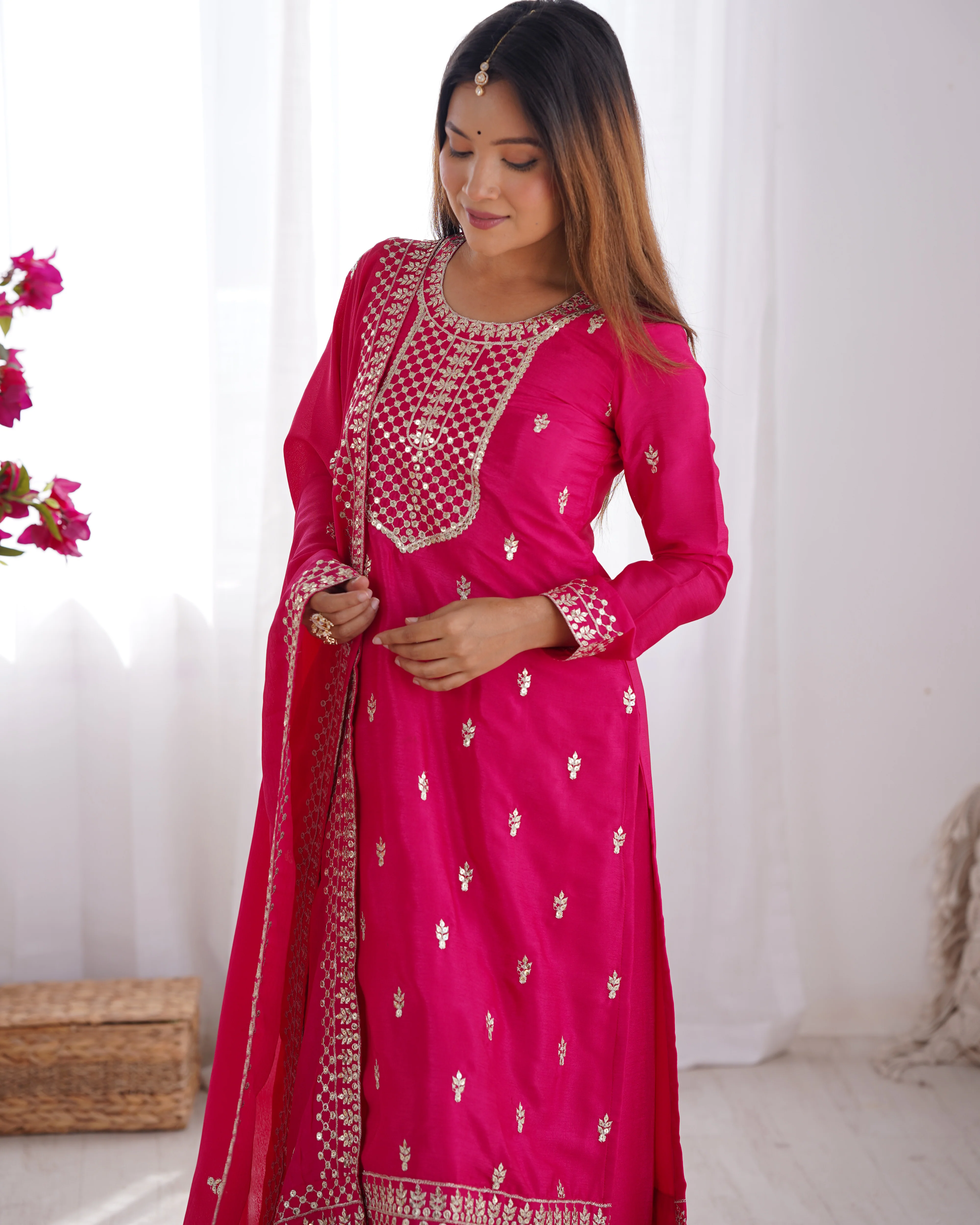 Beautiful Pure Chinon Silk Fabric Straight Fit Kurta, Dupatta With Trouser Set - Pink - Image 4