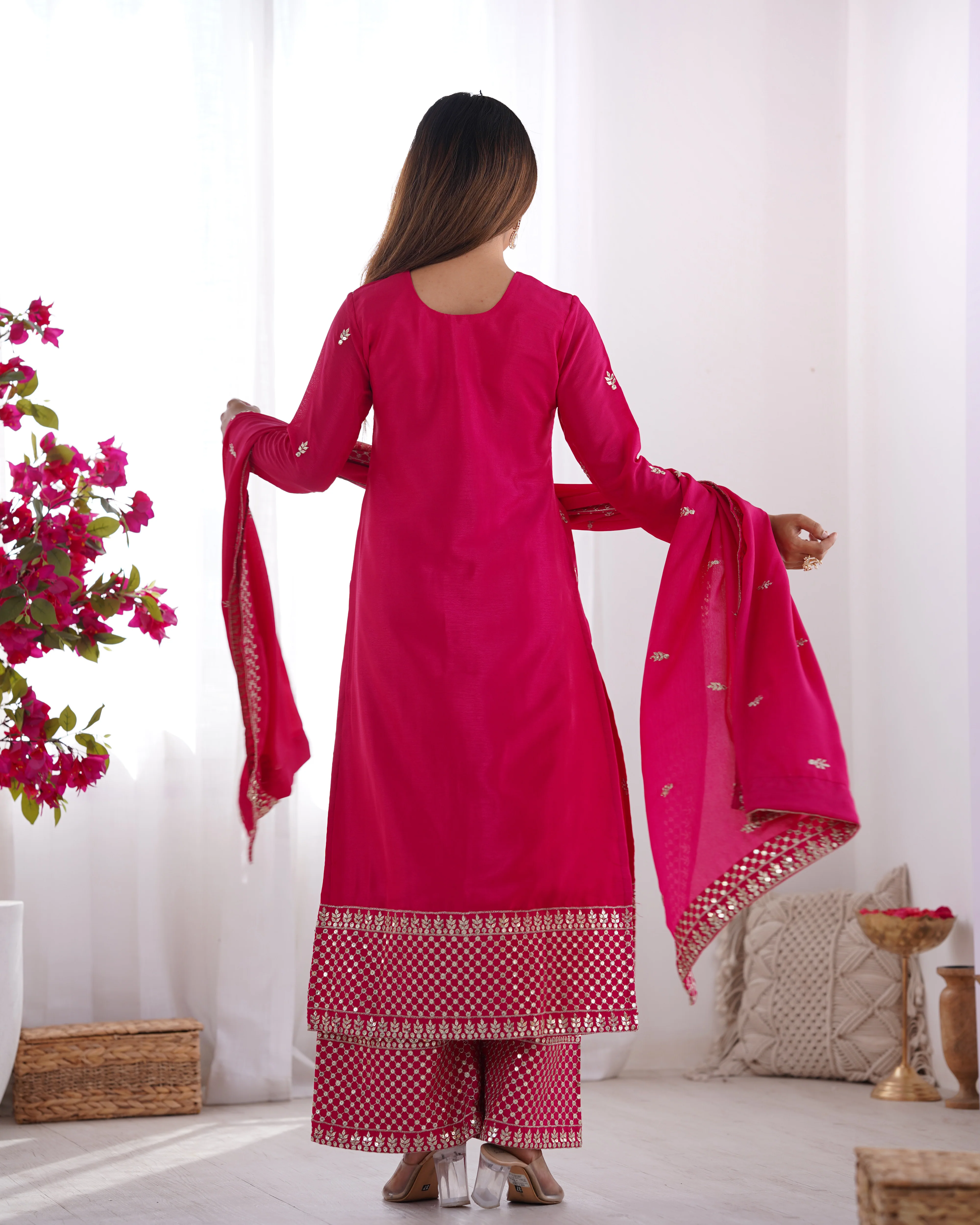Beautiful Pure Chinon Silk Fabric Straight Fit Kurta, Dupatta With Trouser Set - Pink - Image 5