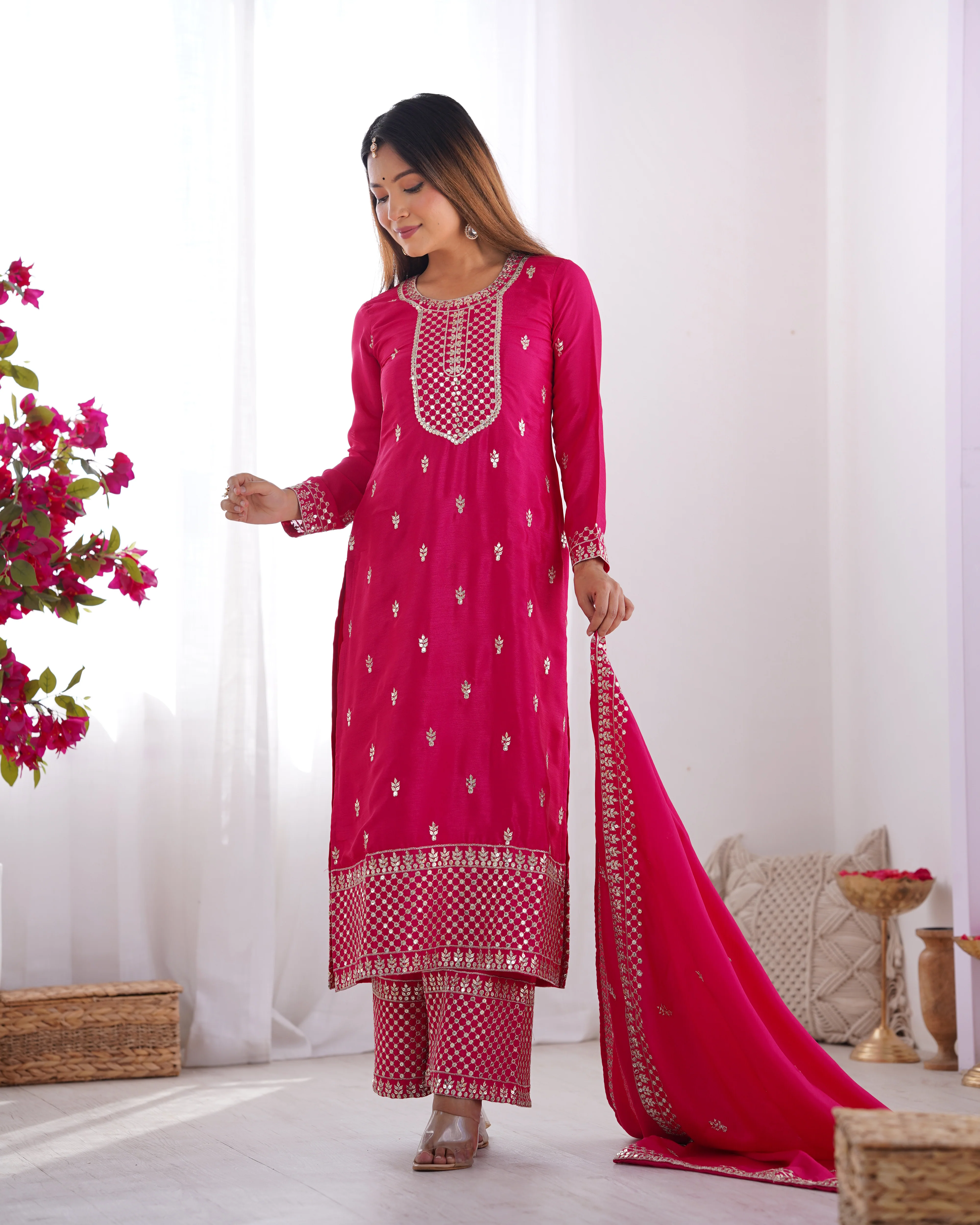 Beautiful Pure Chinon Silk Fabric Straight Fit Kurta, Dupatta With Trouser Set - Pink - Image 6