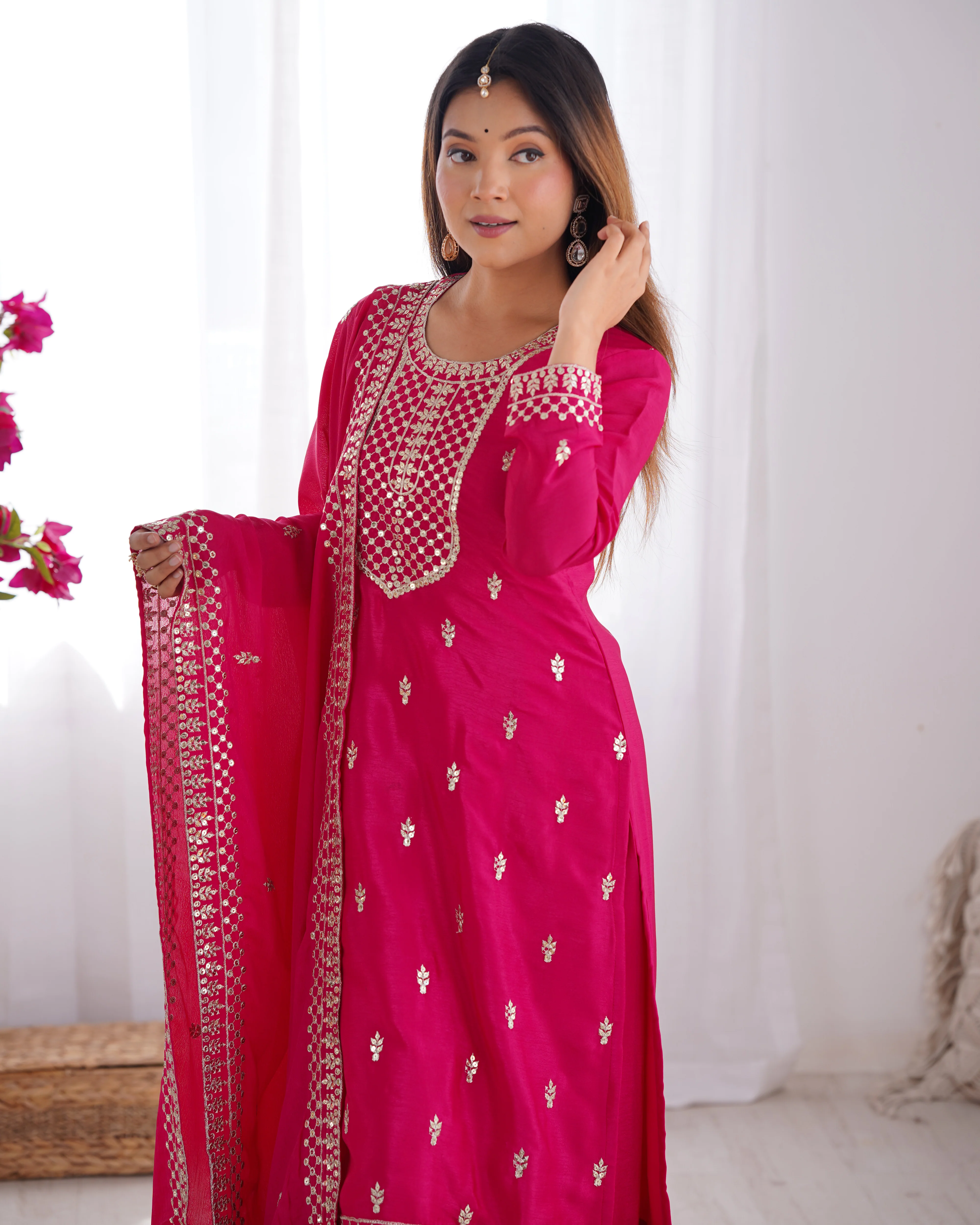 Beautiful Pure Chinon Silk Fabric Straight Fit Kurta, Dupatta With Trouser Set - Pink - Image 7