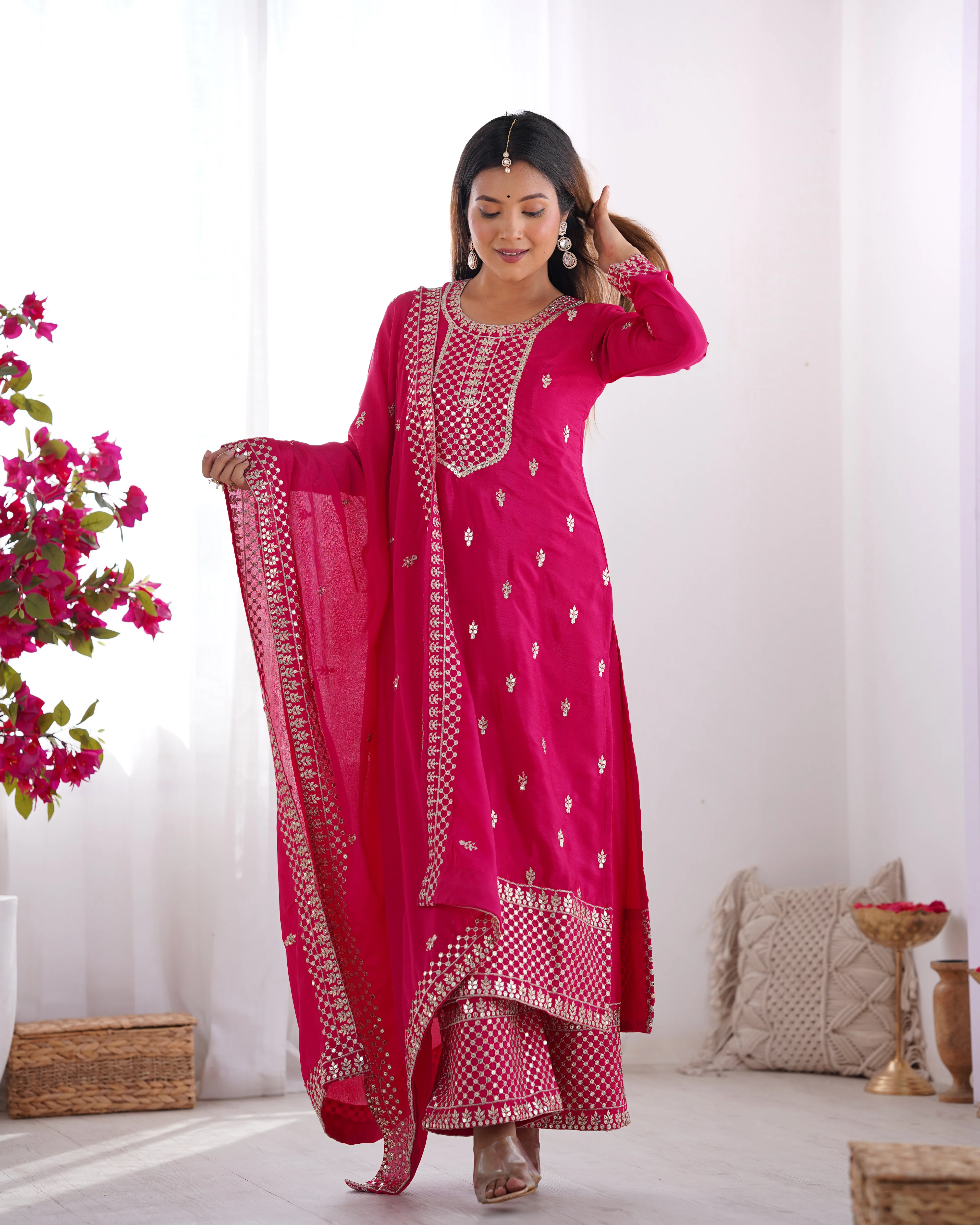 Beautiful Pure Chinon Silk Fabric Straight Fit Kurta, Dupatta With Trouser Set - Pink - Image 8