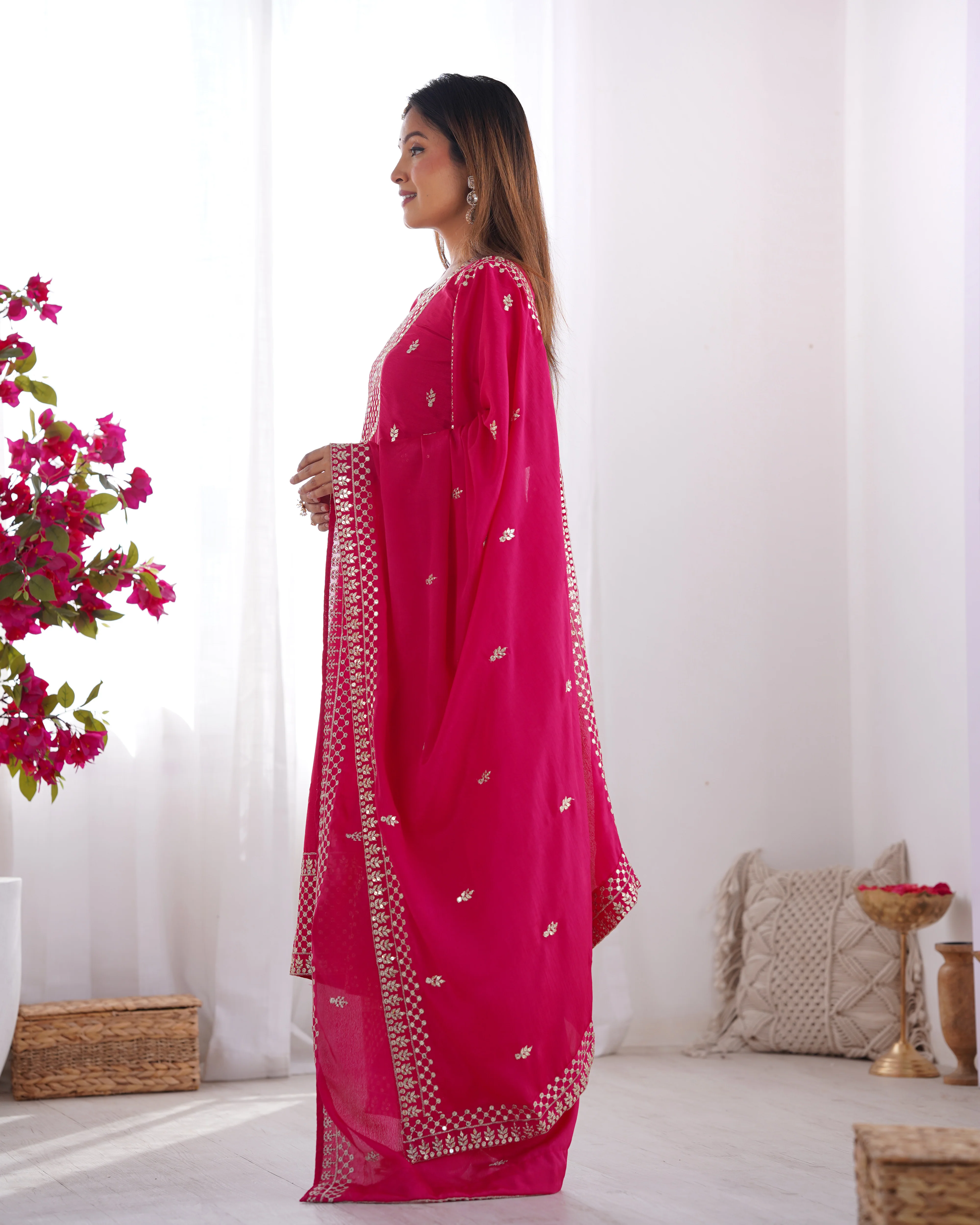 Beautiful Pure Chinon Silk Fabric Straight Fit Kurta, Dupatta With Trouser Set - Pink - Image 9