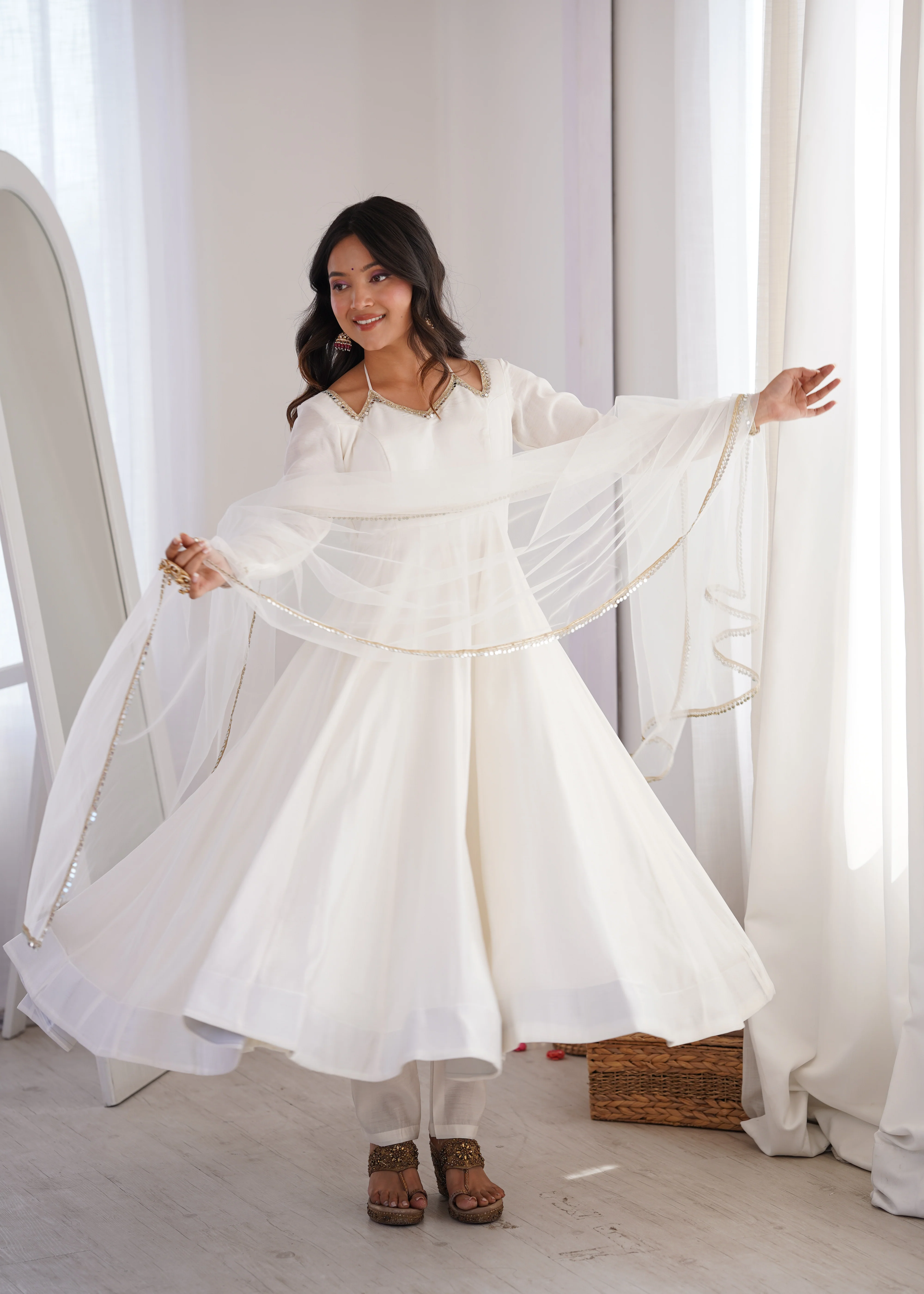 Beautiful White Roman Silk Chanderi Lace Work Anarkali Suit Set - Image 2