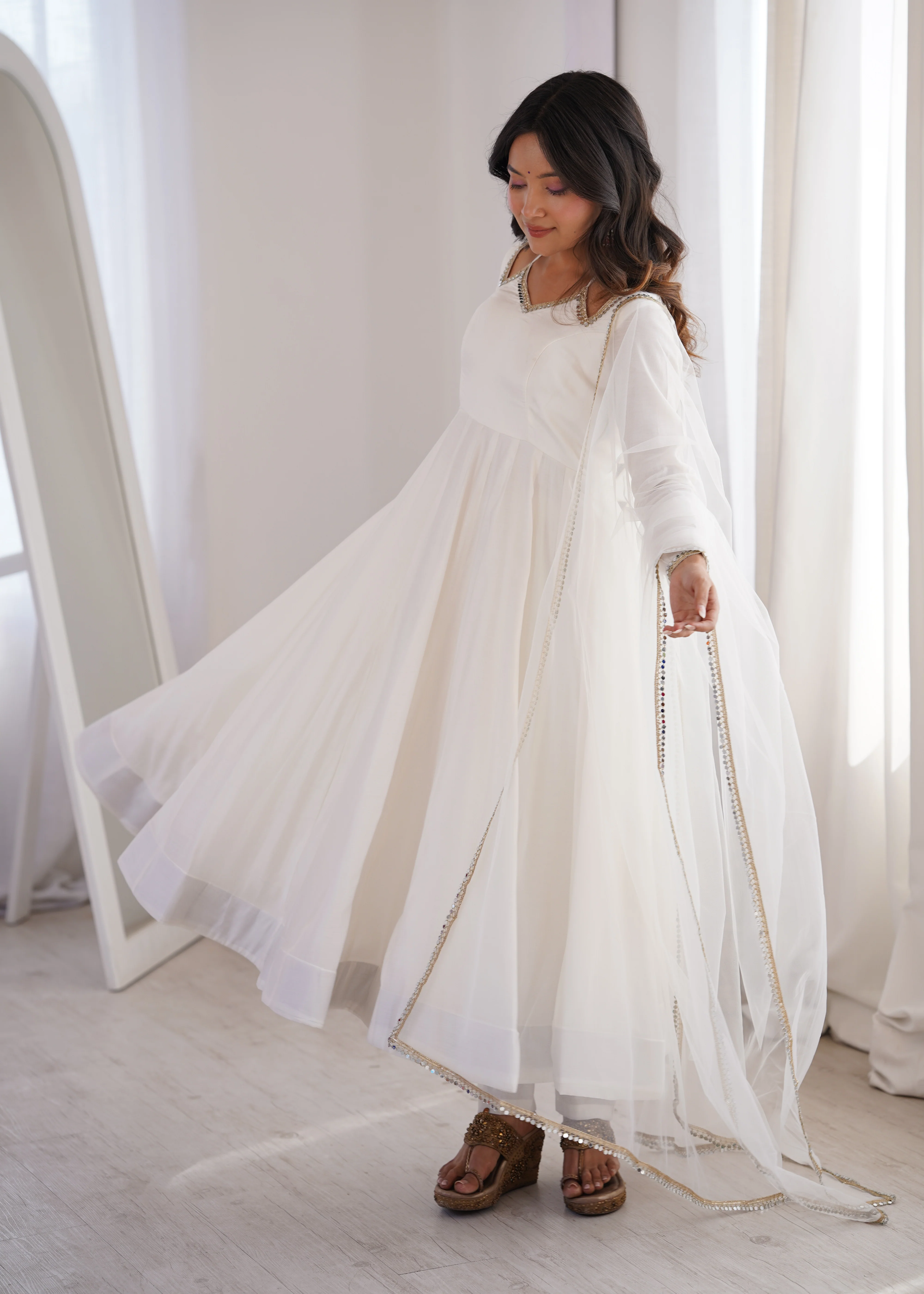 Beautiful White Roman Silk Chanderi Lace Work Anarkali Suit Set - Image 3