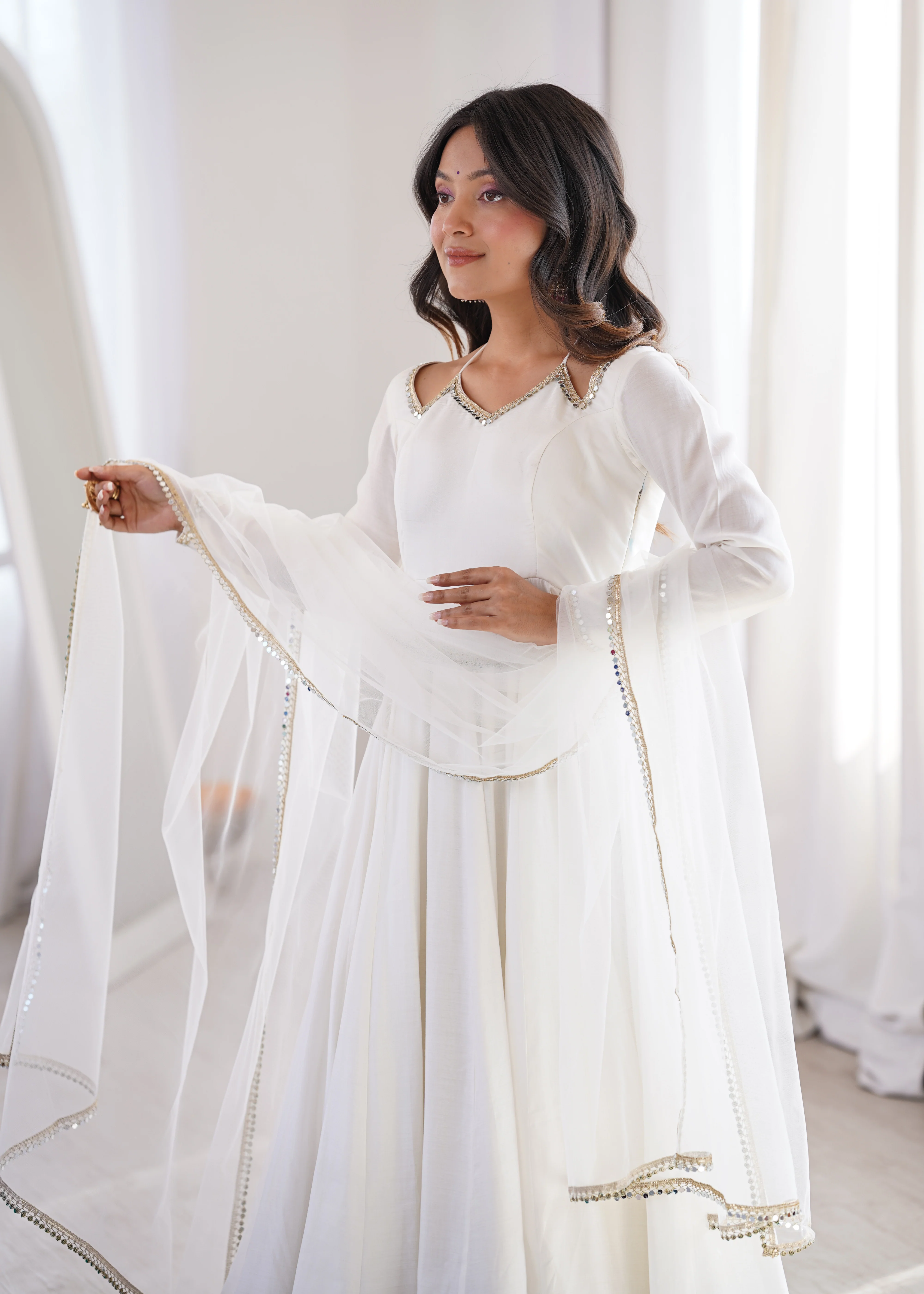 Beautiful White Roman Silk Chanderi Lace Work Anarkali Suit Set - Image 4