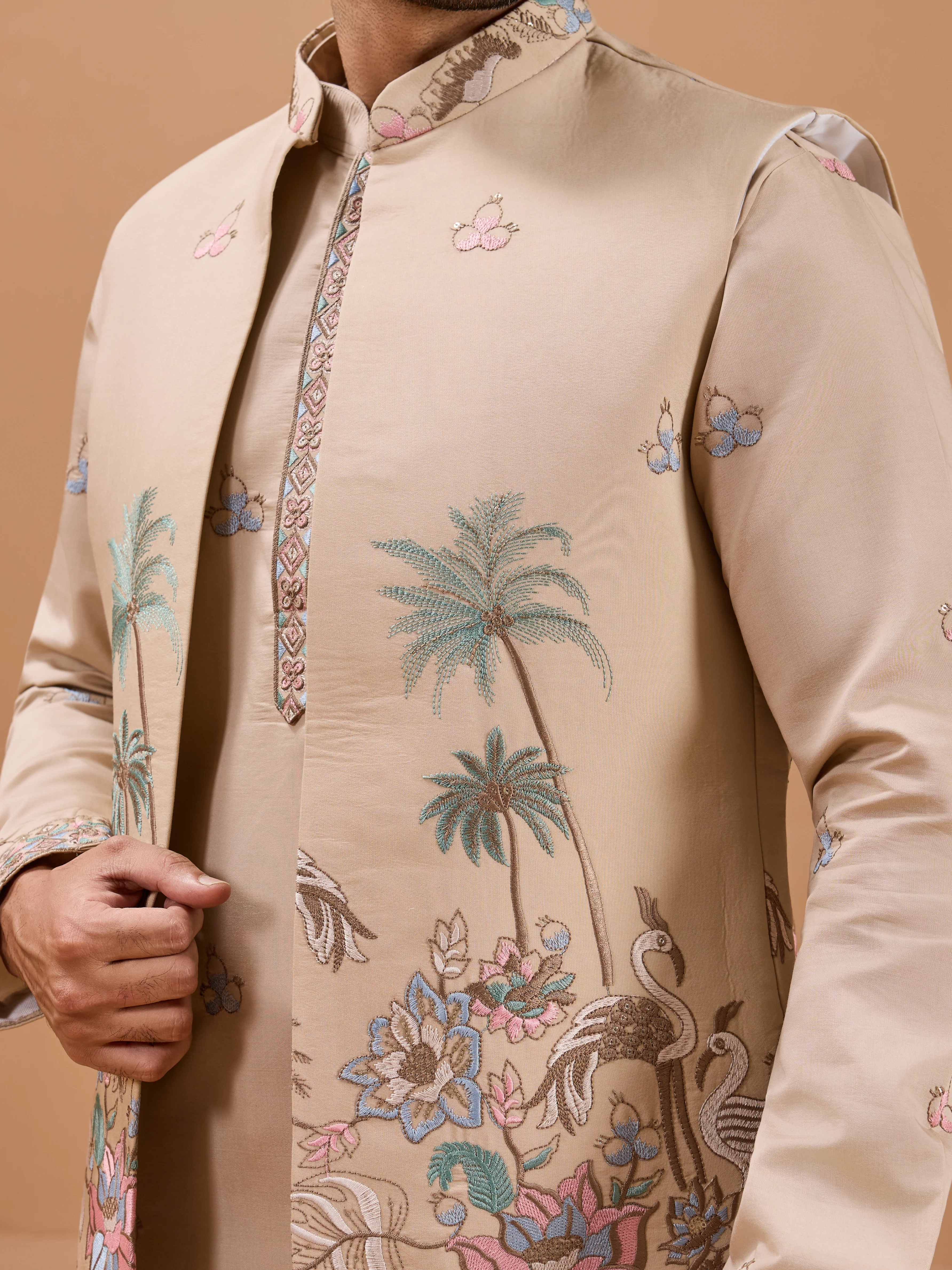 Beige Color Embroidered and Sequence Mens Kurta Jacket and Pant Set - Image 6