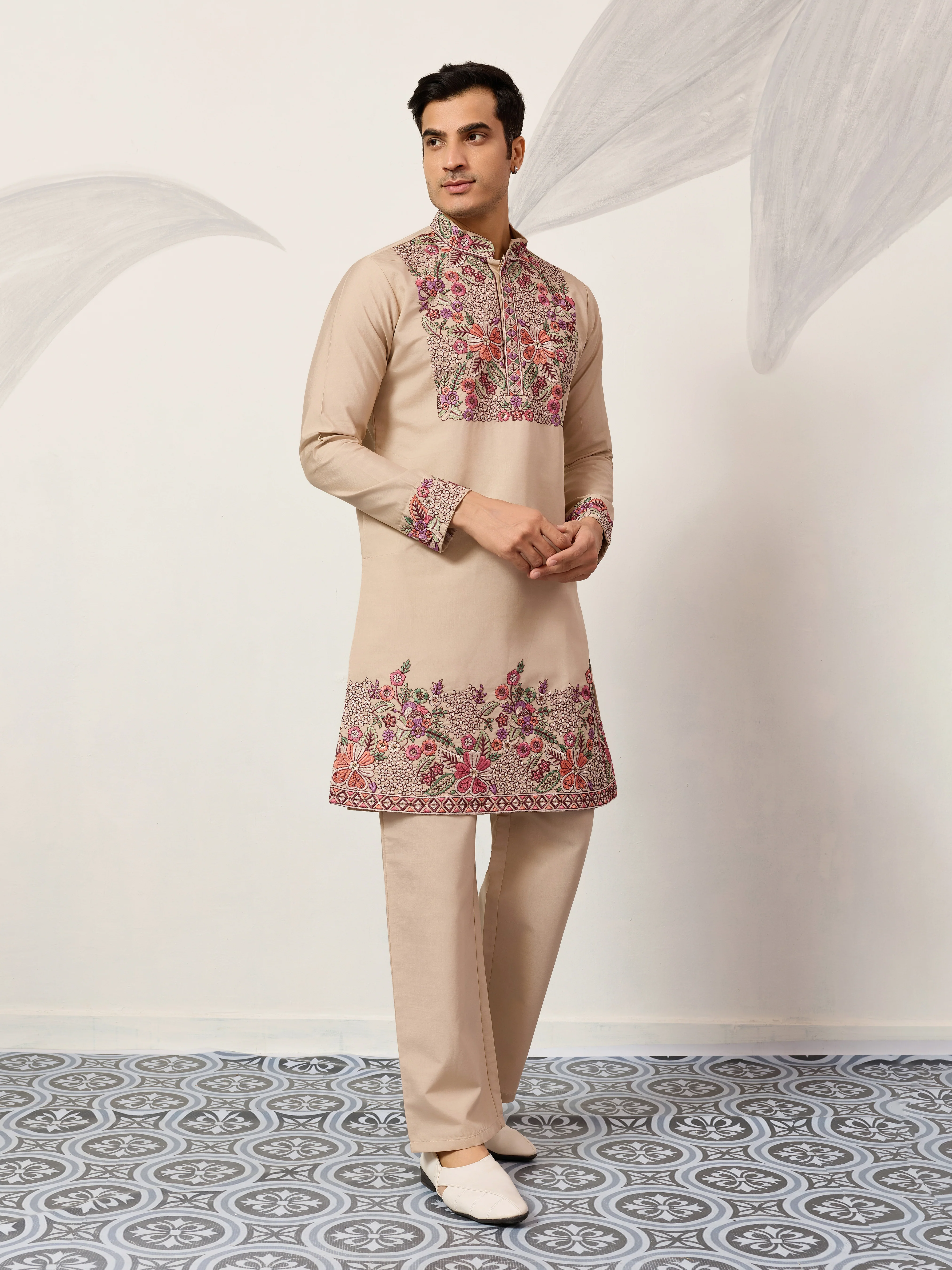 Beige Color Kurta Pant Set for Mens Traditional Outfit - Image 5