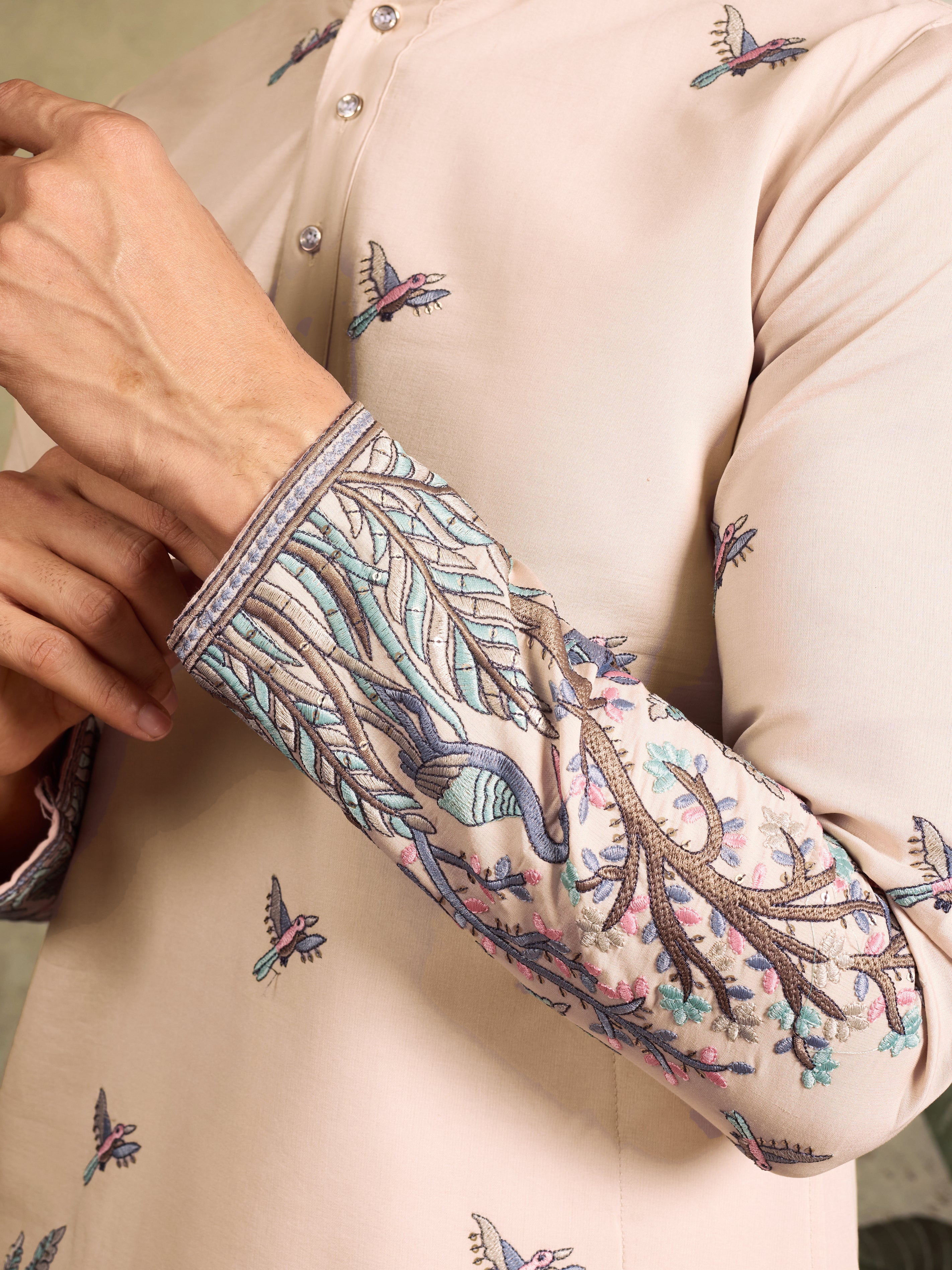 Beige Embroidered Work Beautiful Kurta for Men - Image 3