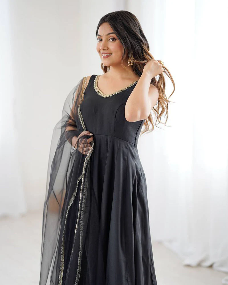 Black Color Chanderi Pure Roman Silk Anarkali Suit - Image 2
