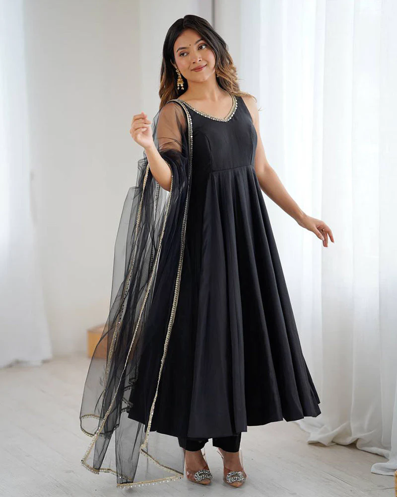 Black Color Chanderi Pure Roman Silk Anarkali Suit - Image 3