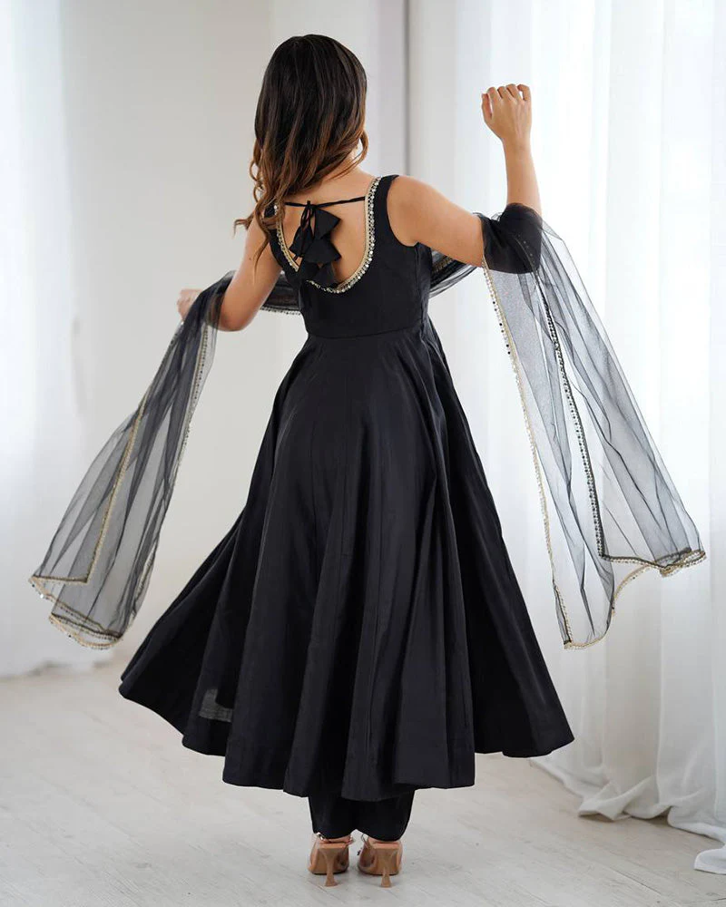 Black Color Chanderi Pure Roman Silk Anarkali Suit - Image 4