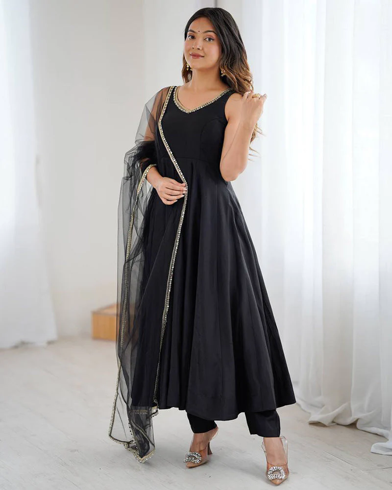 Black Color Chanderi Pure Roman Silk Anarkali Suit - Image 5
