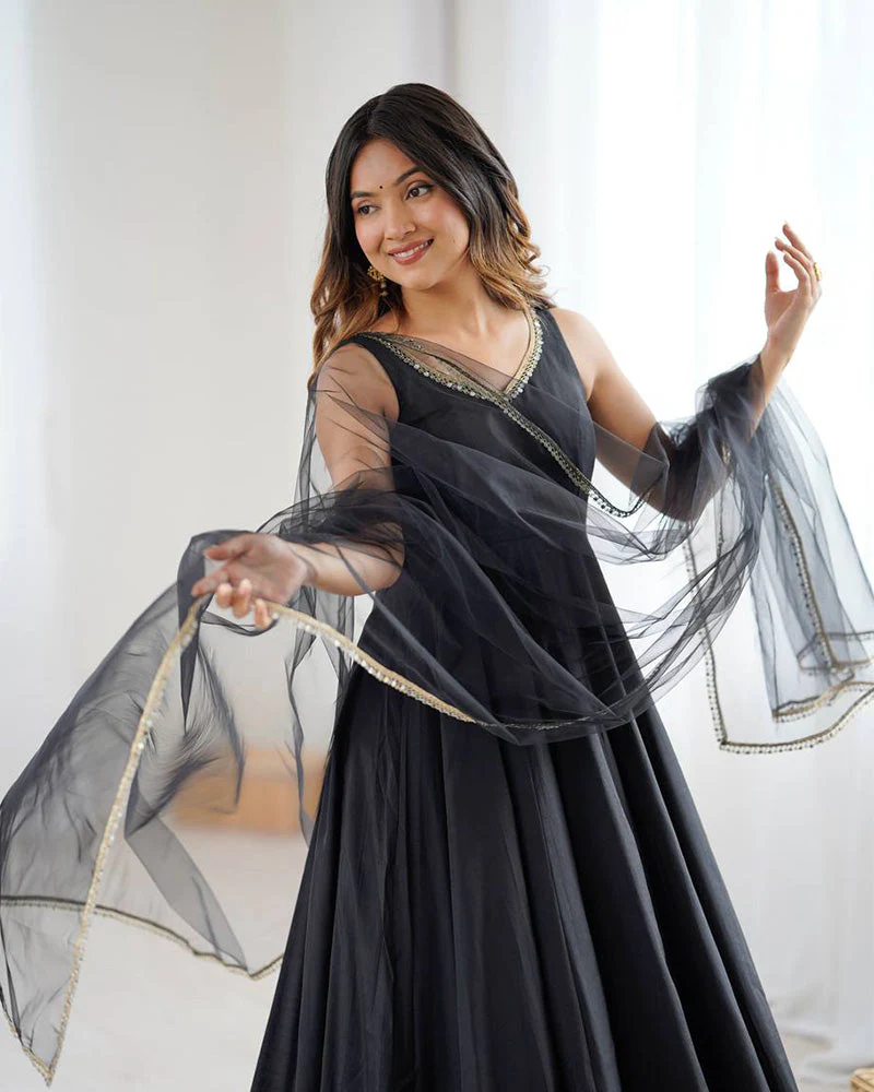 Black Color Chanderi Pure Roman Silk Anarkali Suit - Image 6