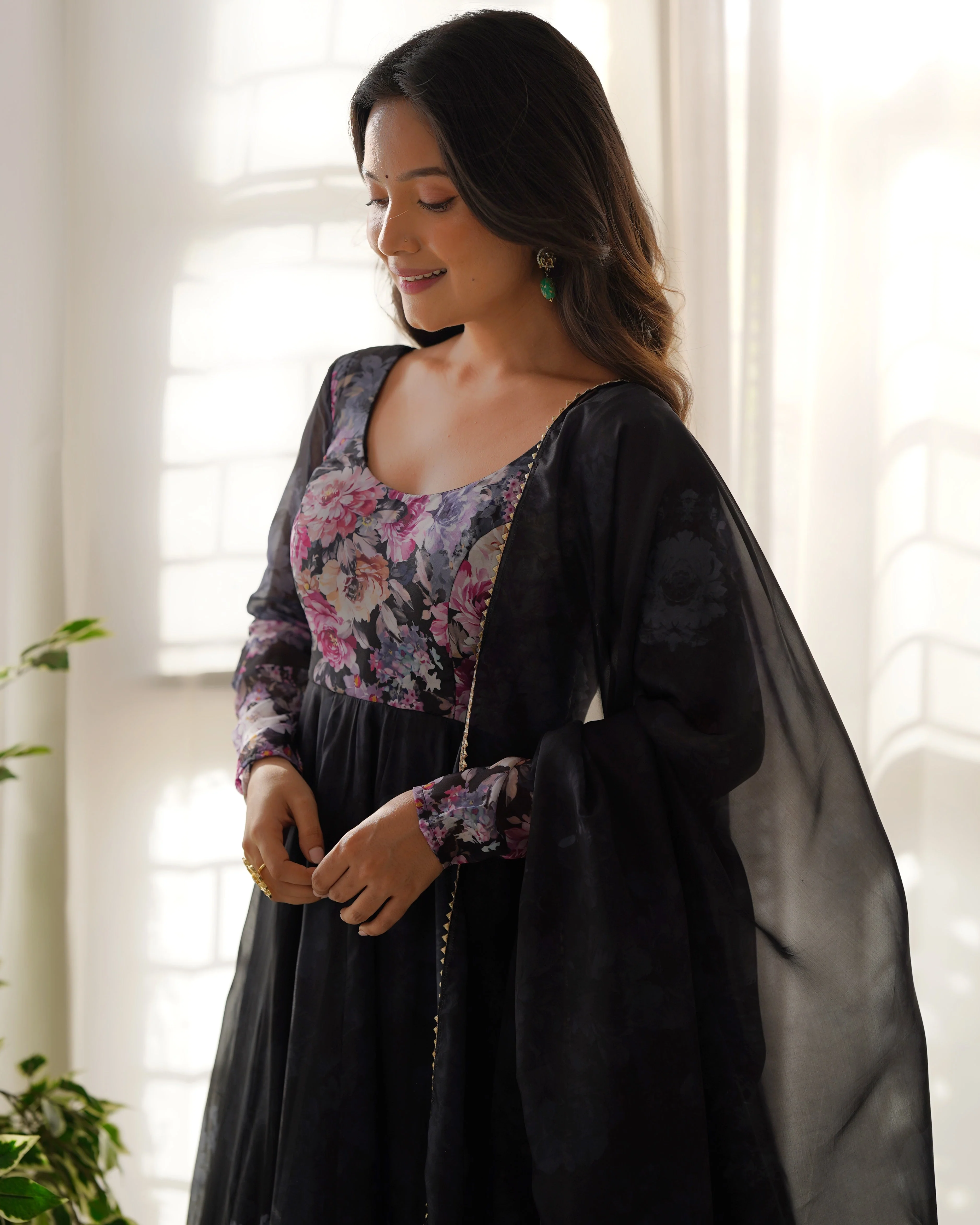 Black Color Digitally Printed Pure Soft Organza Anarkali Suit With Huge Flair Comes With Duppatta & Pant - Image 3