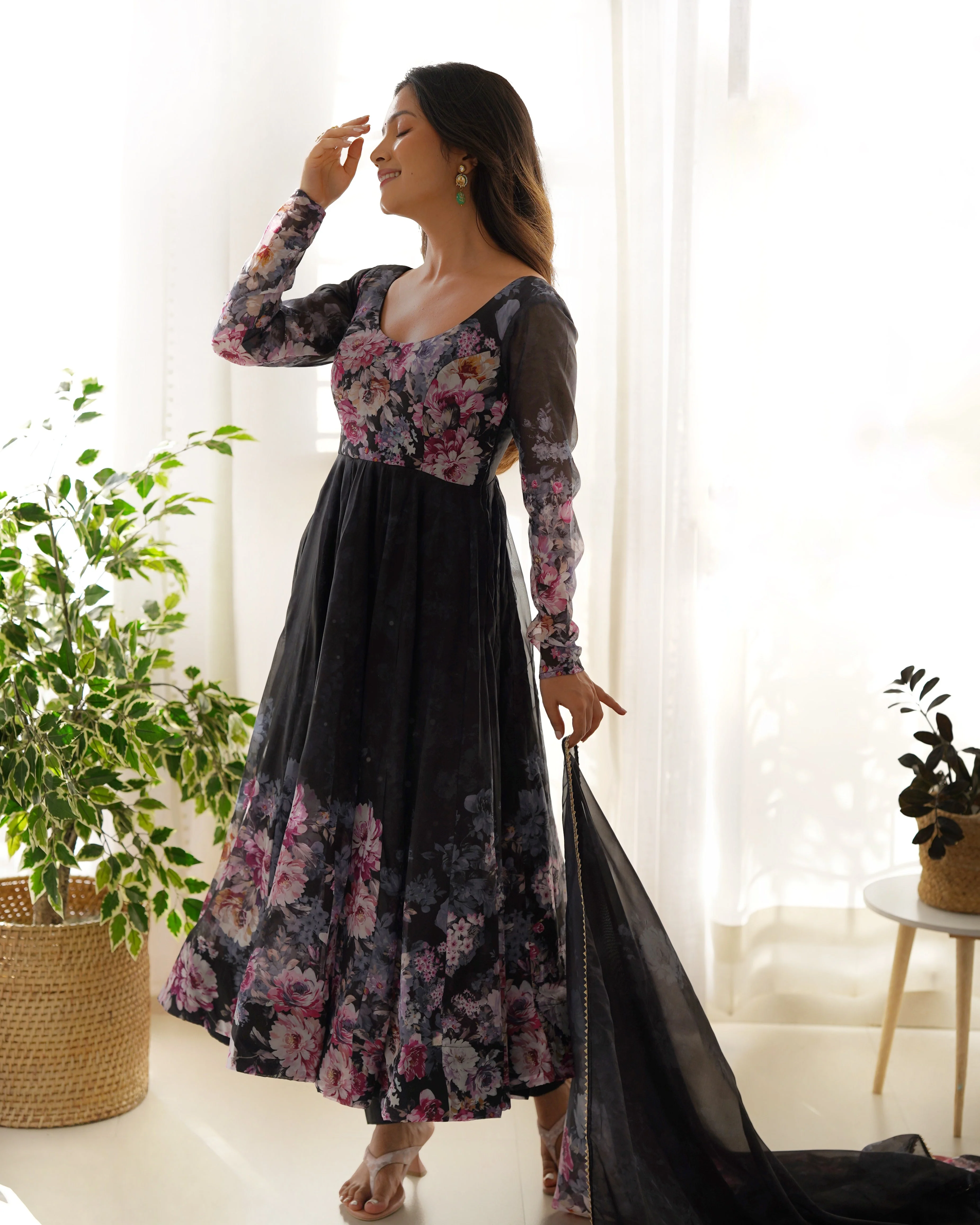 Black Color Digitally Printed Pure Soft Organza Anarkali Suit With Huge Flair Comes With Duppatta & Pant - Image 4