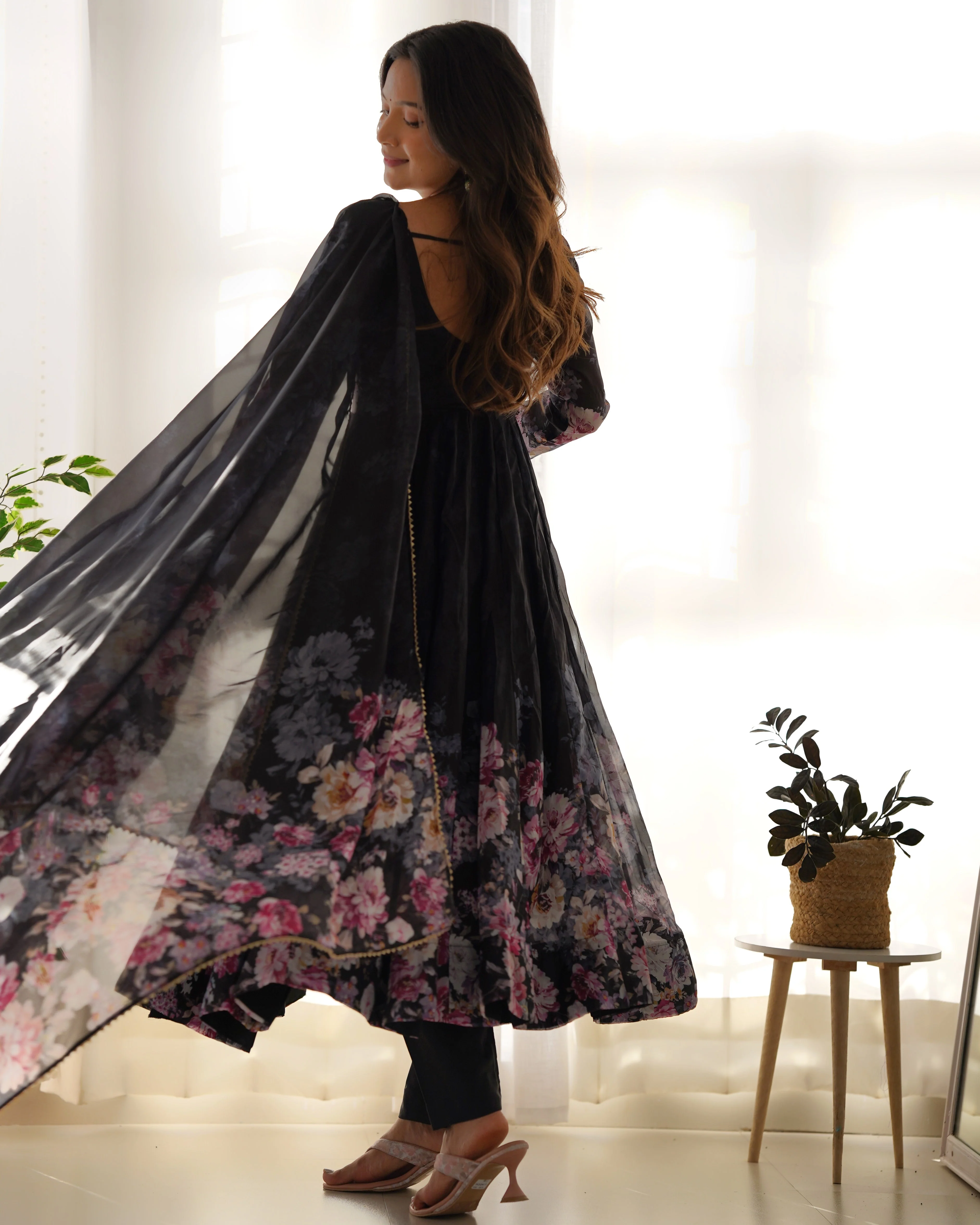 Black Color Digitally Printed Pure Soft Organza Anarkali Suit With Huge Flair Comes With Duppatta & Pant - Image 5