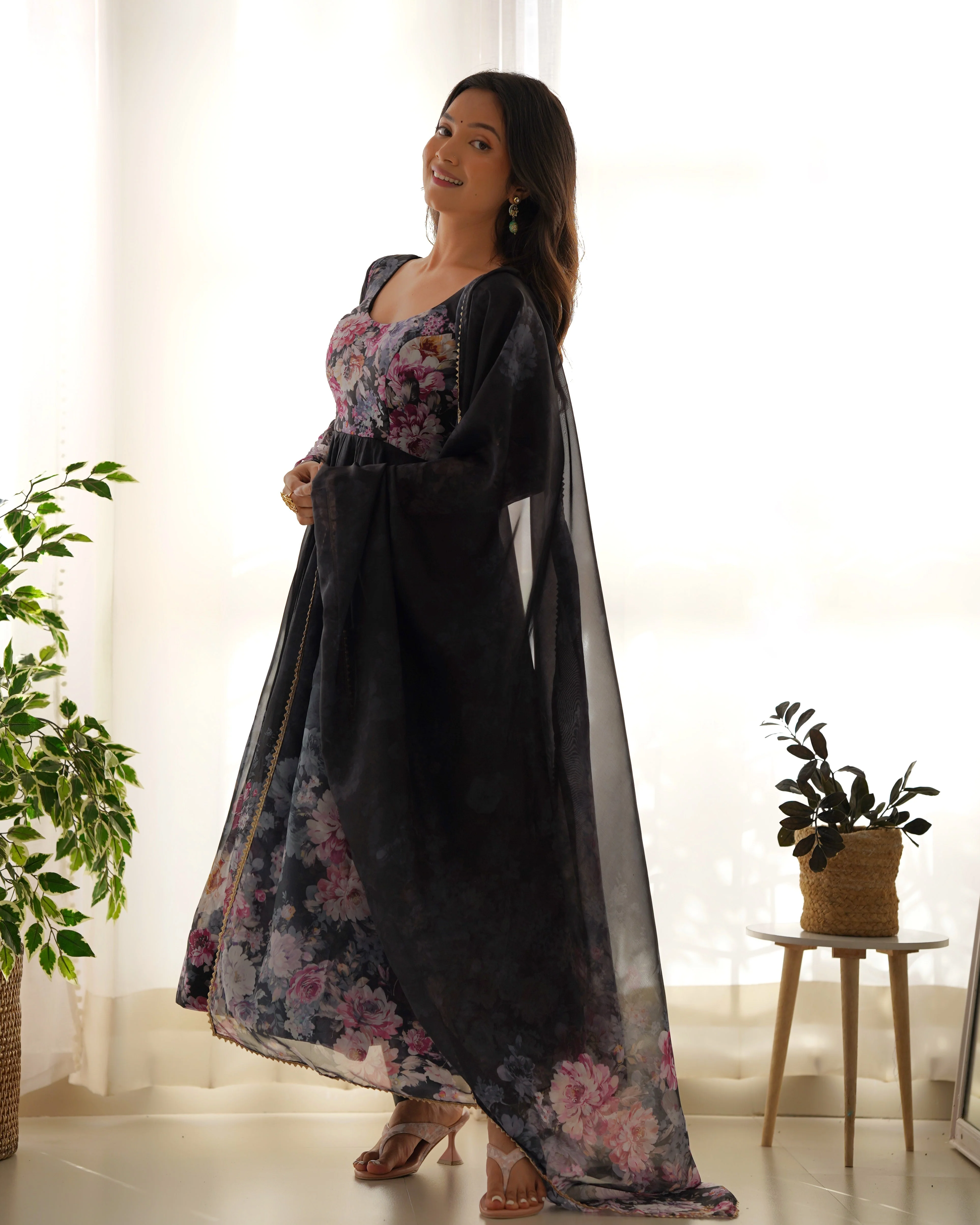 Black Color Digitally Printed Pure Soft Organza Anarkali Suit With Huge Flair Comes With Duppatta & Pant - Image 6