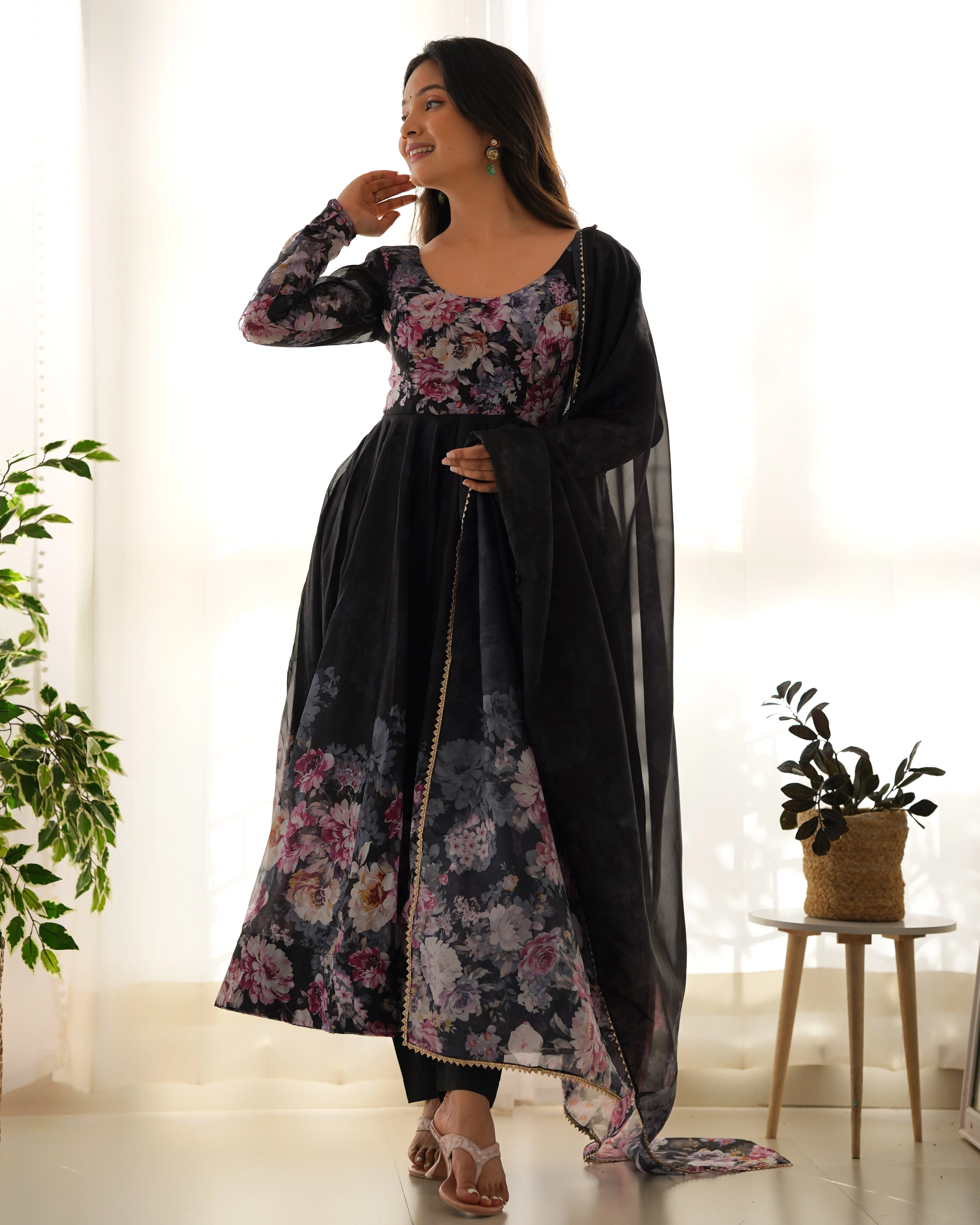 Black Color Digitally Printed Pure Soft Organza Anarkali Suit With Huge Flair Comes With Duppatta & Pant - Image 7