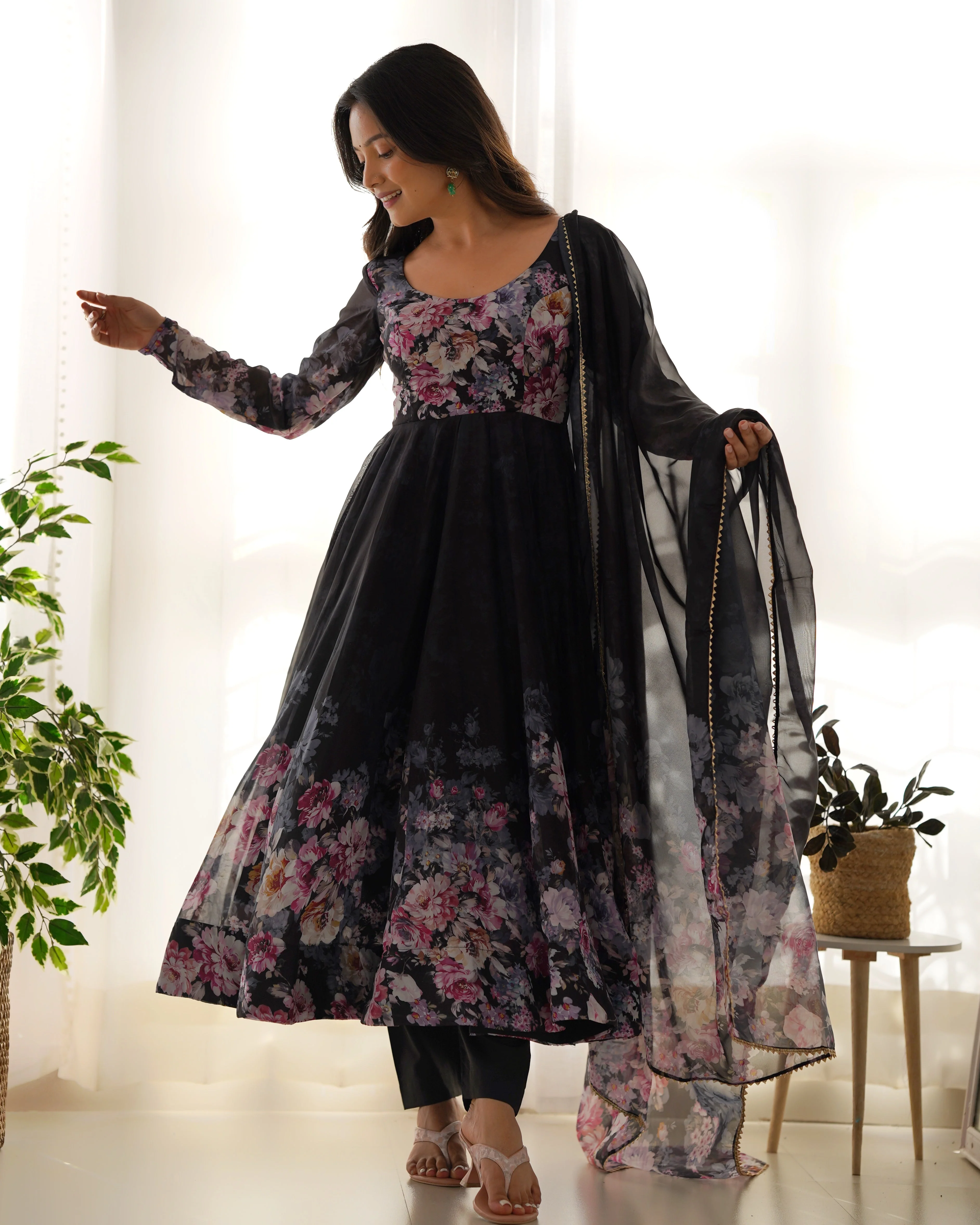 Black Color Digitally Printed Pure Soft Organza Anarkali Suit With Huge Flair Comes With Duppatta & Pant - Image 8