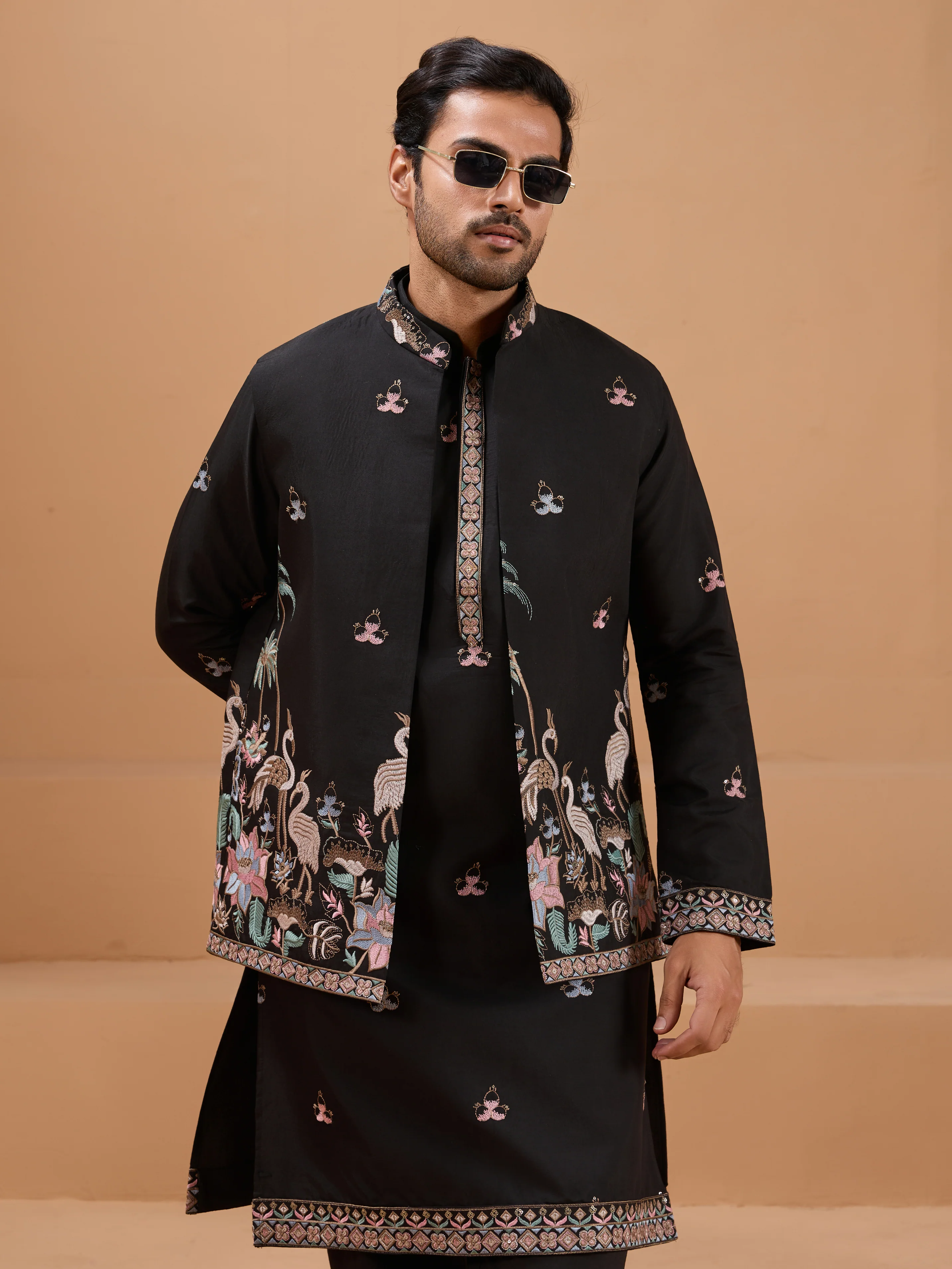 Black Color Embroidered and Sequence Mens Kurta Jacket and Pant Set - Image 2
