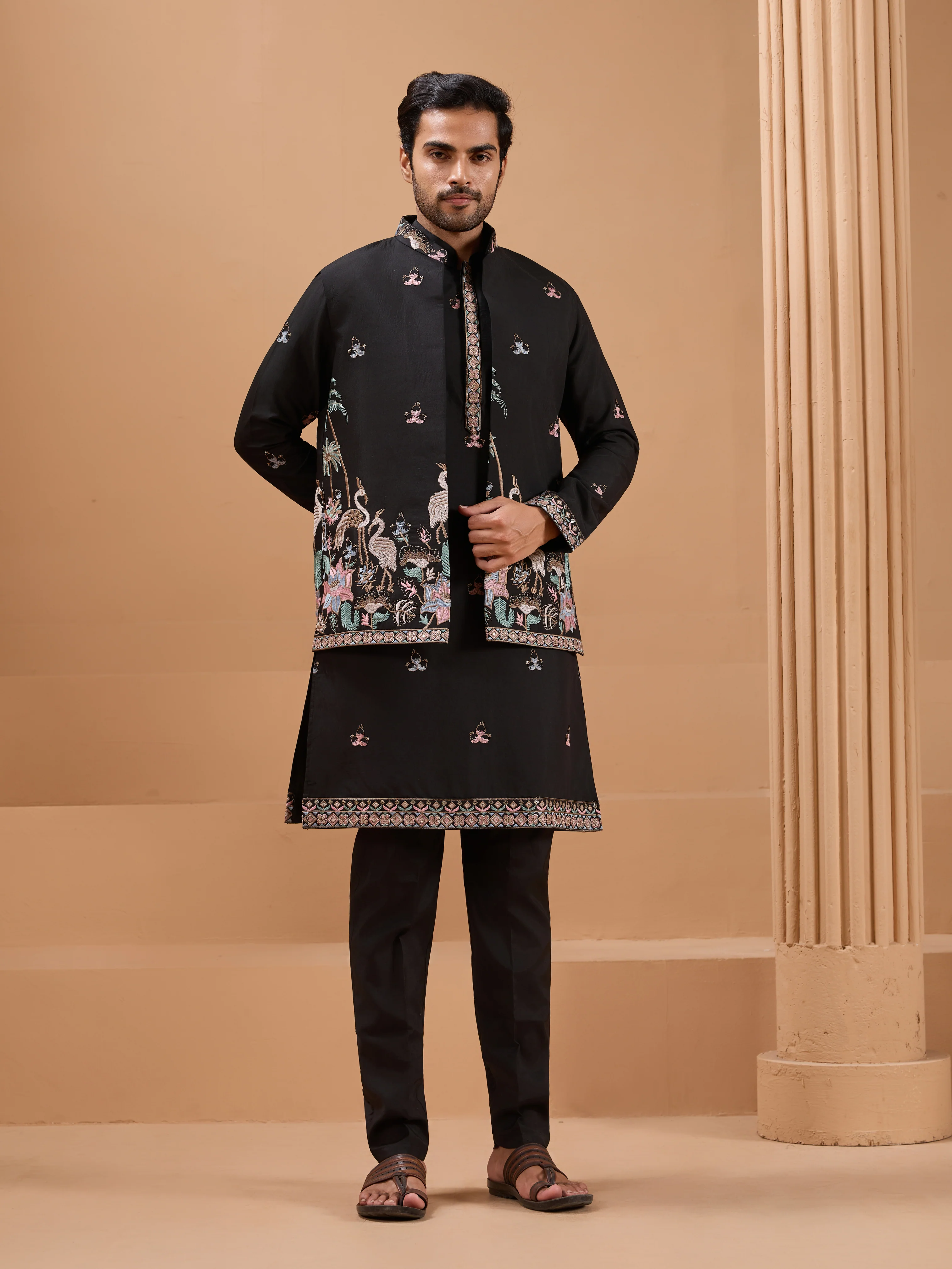 Black Color Embroidered and Sequence Mens Kurta Jacket and Pant Set - Image 3