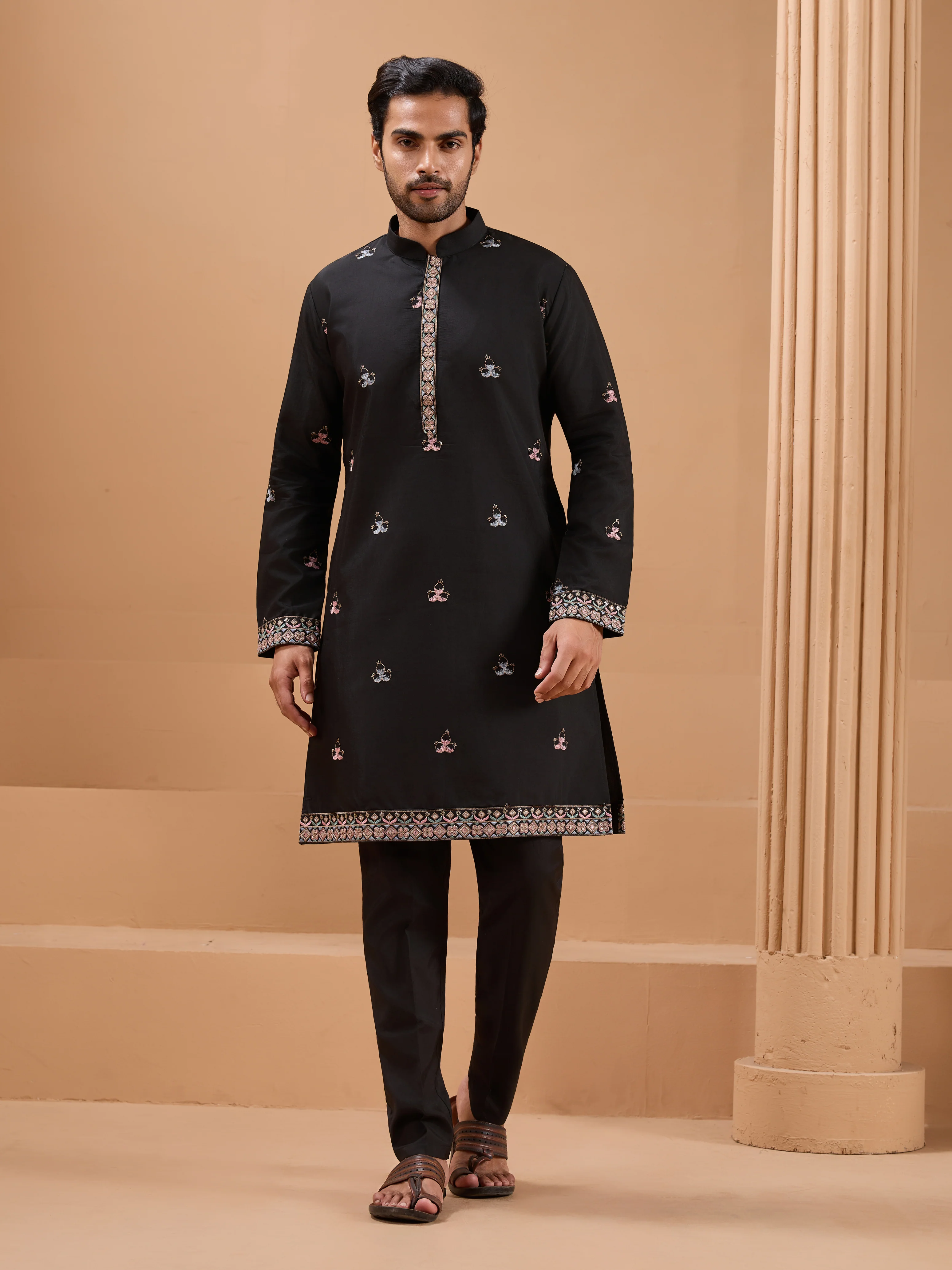 Black Color Embroidered and Sequence Mens Kurta Jacket and Pant Set - Image 5