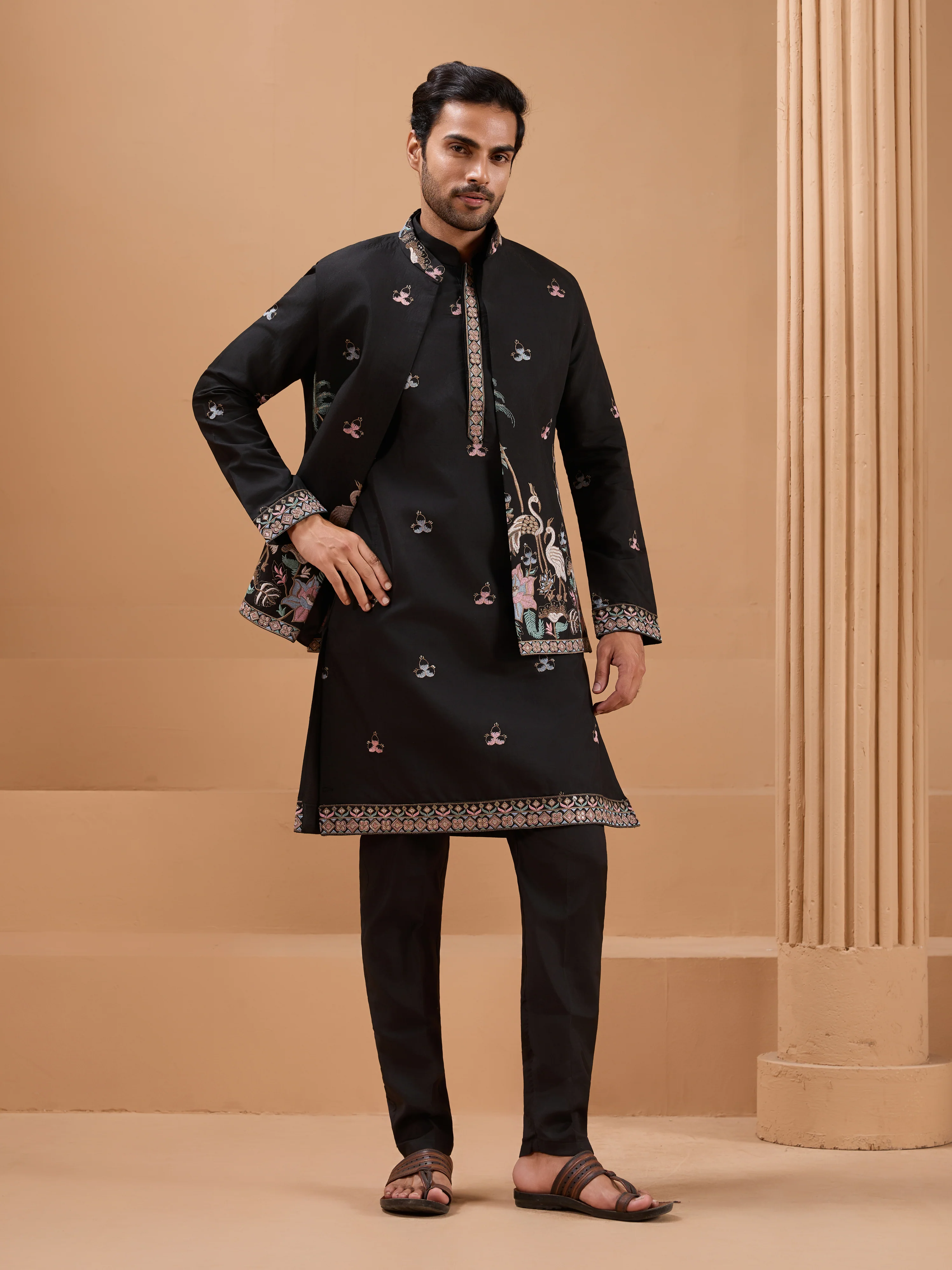 Black Color Embroidered and Sequence Mens Kurta Jacket and Pant Set - Image 6