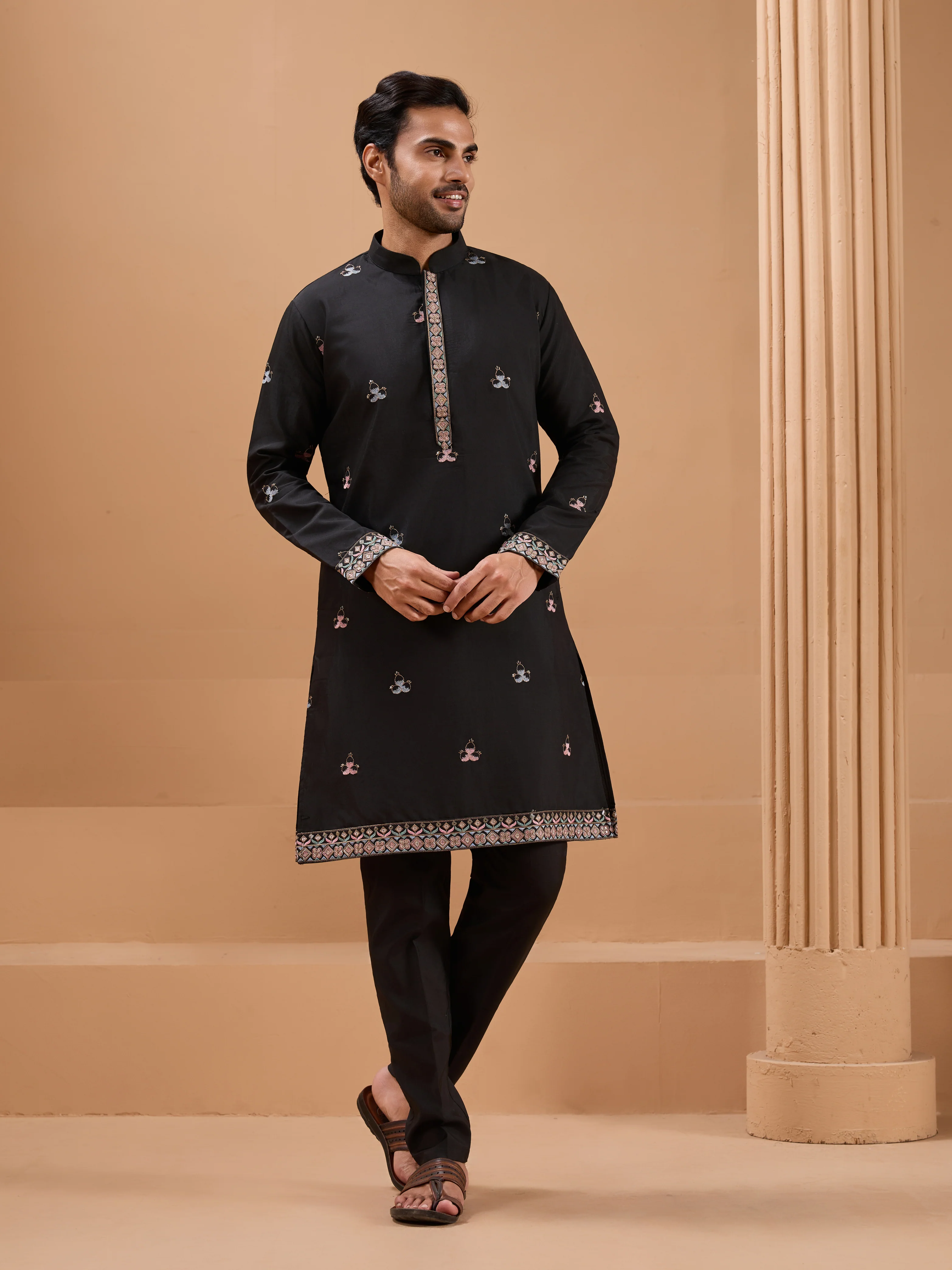 Black Color Embroidered and Sequence Mens Kurta Jacket and Pant Set - Image 8