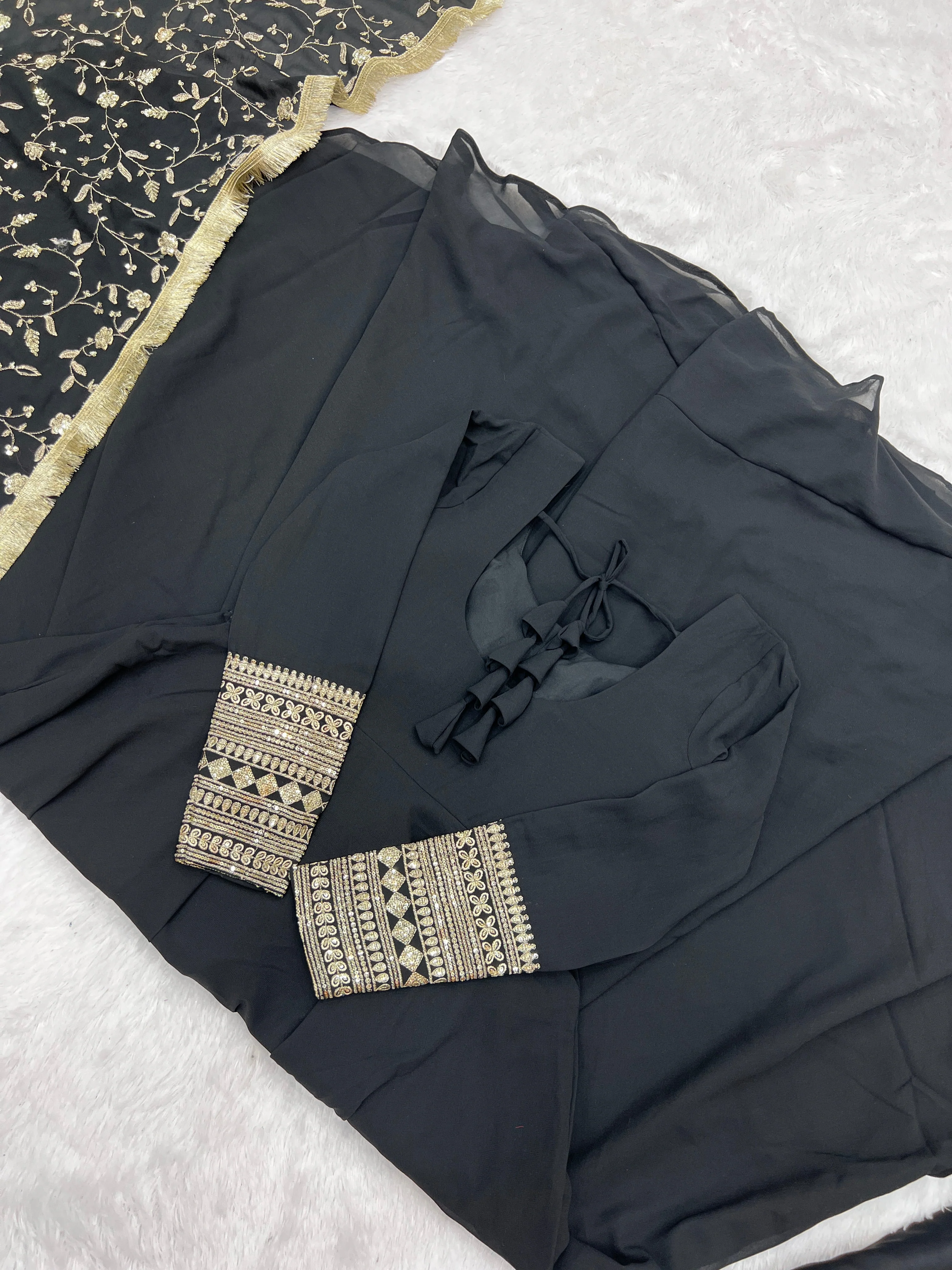 Black Color Pure Faux Georgette Kurti With Huge Flair Comes With Duppatta & Pant - Image 13