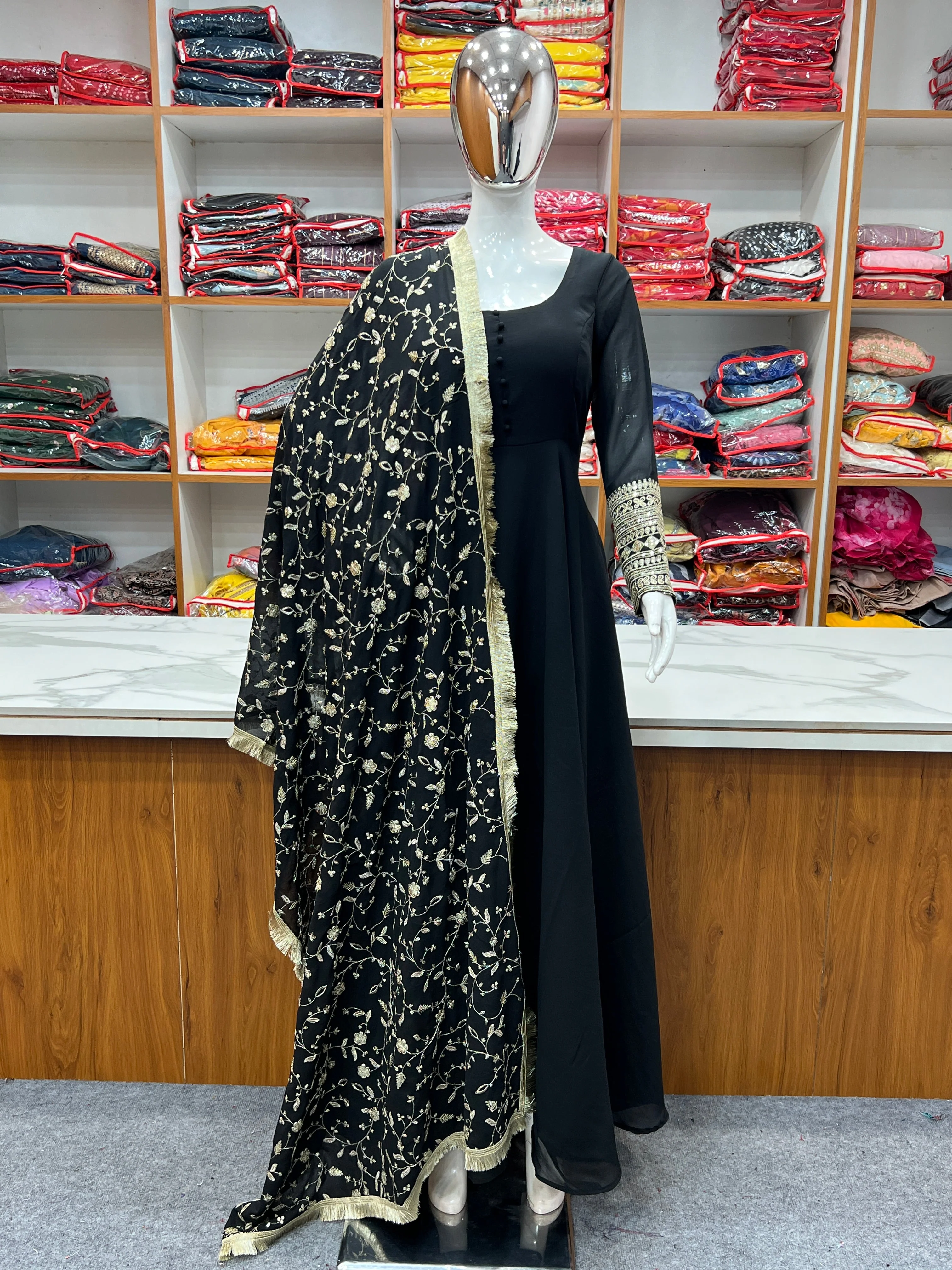 Black Color Pure Faux Georgette Kurti With Huge Flair Comes With Duppatta & Pant - Image 14