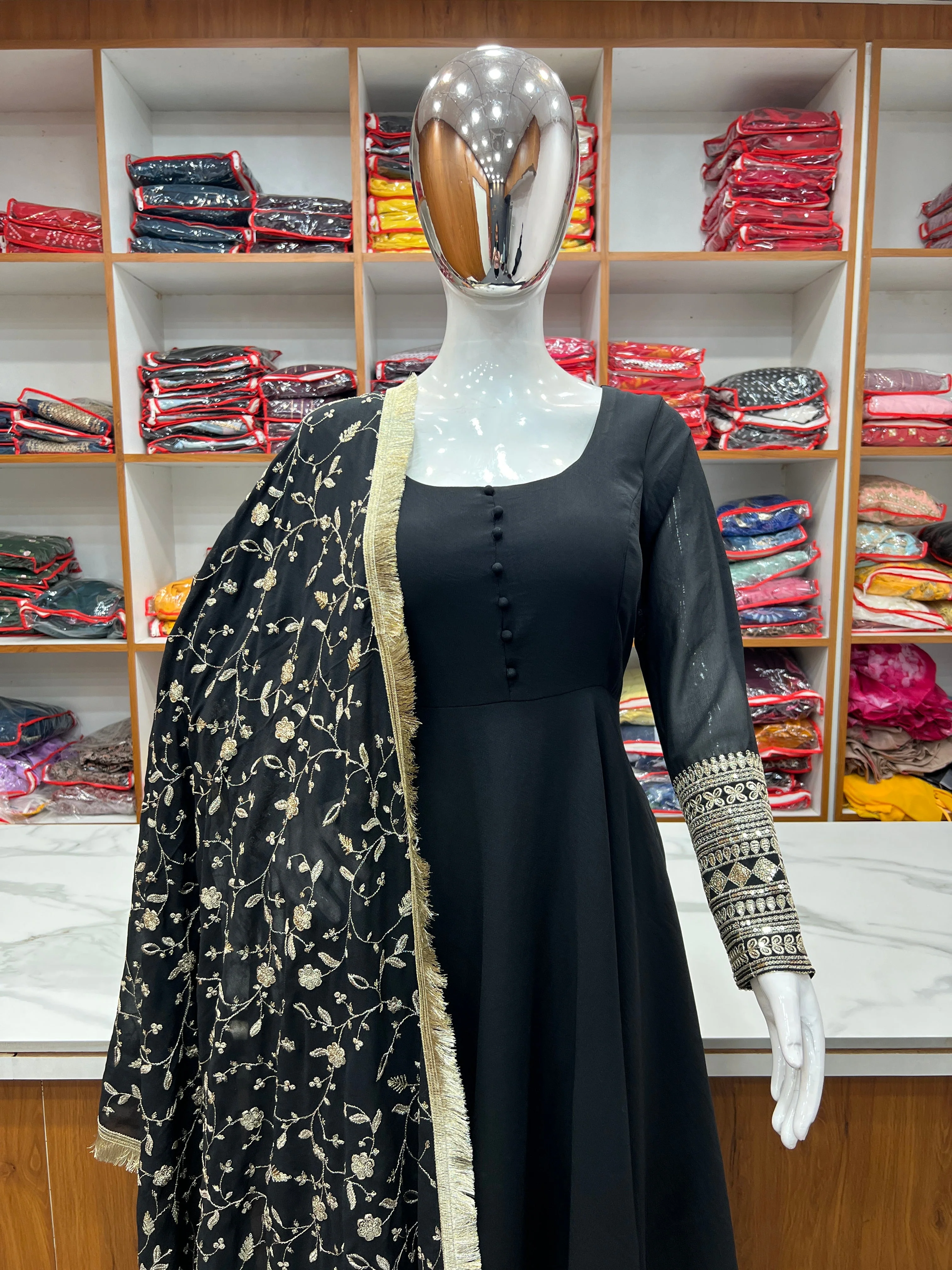 Black Color Pure Faux Georgette Kurti With Huge Flair Comes With Duppatta & Pant - Image 15