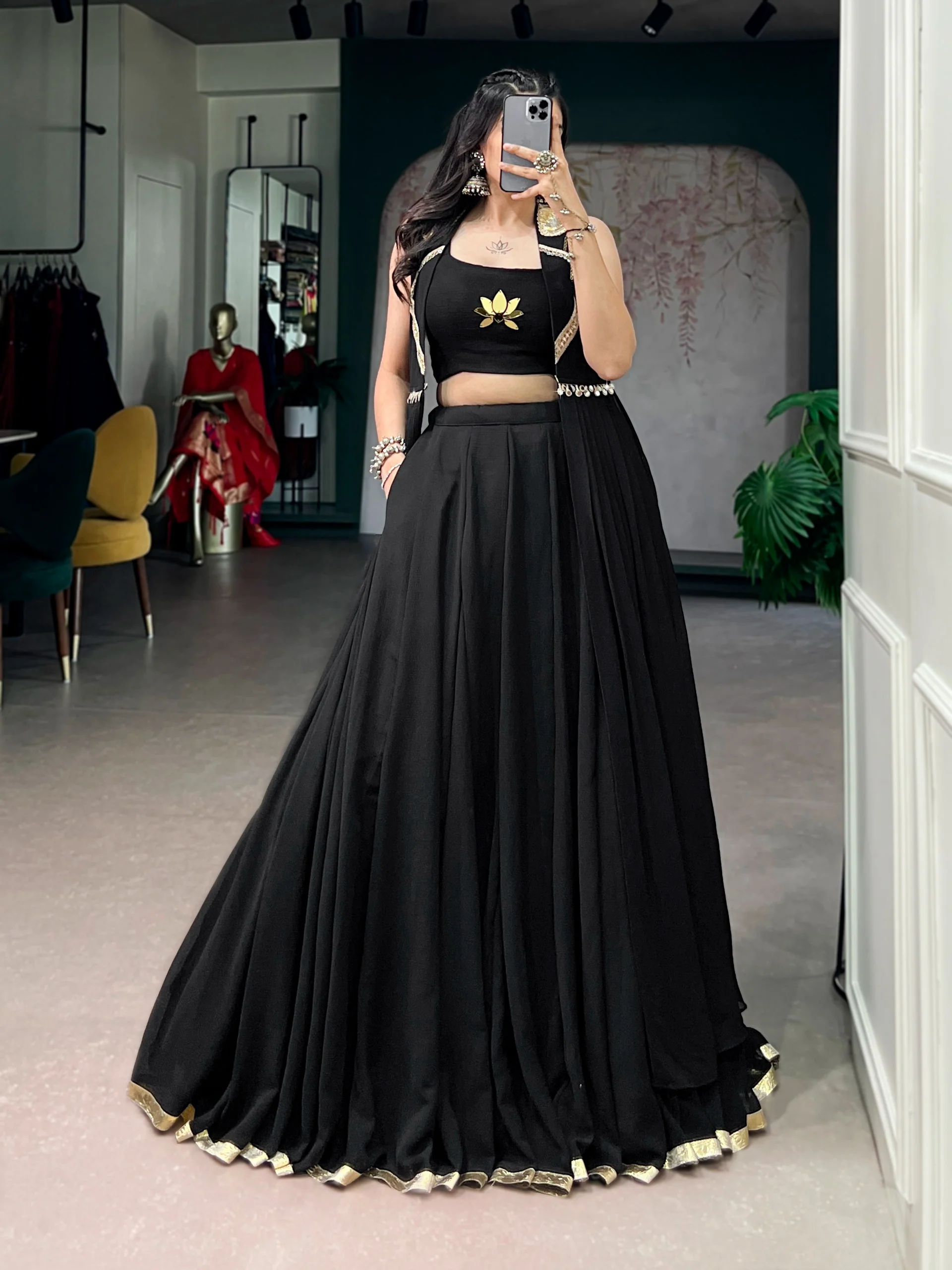 Black Elegant Lotus Handwork Navratri Wear Lehenga Set with Jacket - Image 2