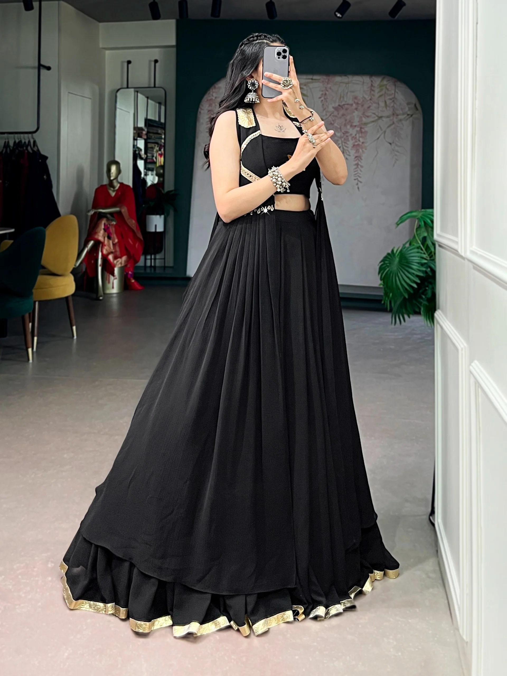 Black Elegant Lotus Handwork Navratri Wear Lehenga Set with Jacket - Image 3