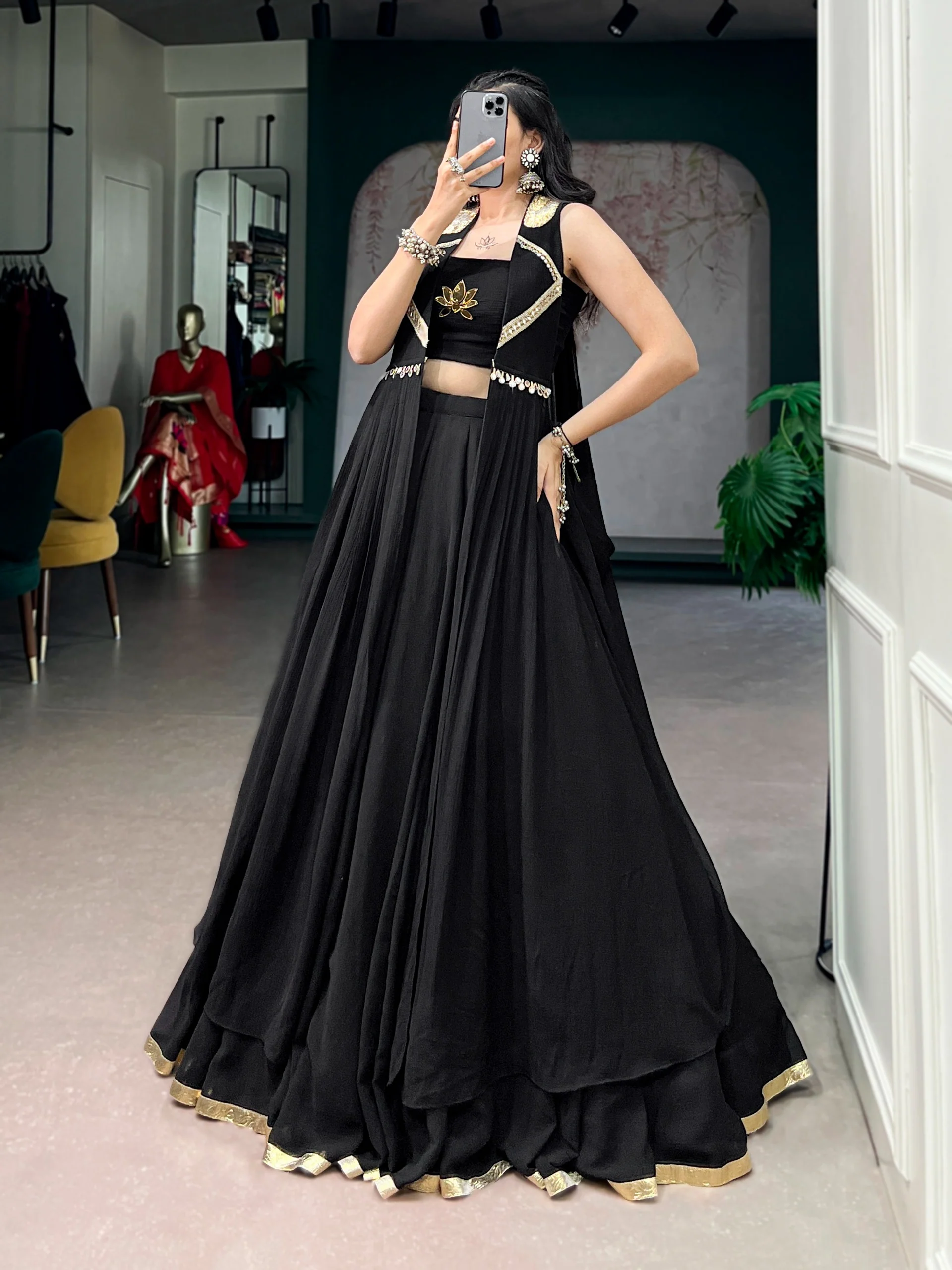 Black Elegant Lotus Handwork Navratri Wear Lehenga Set with Jacket - Image 4