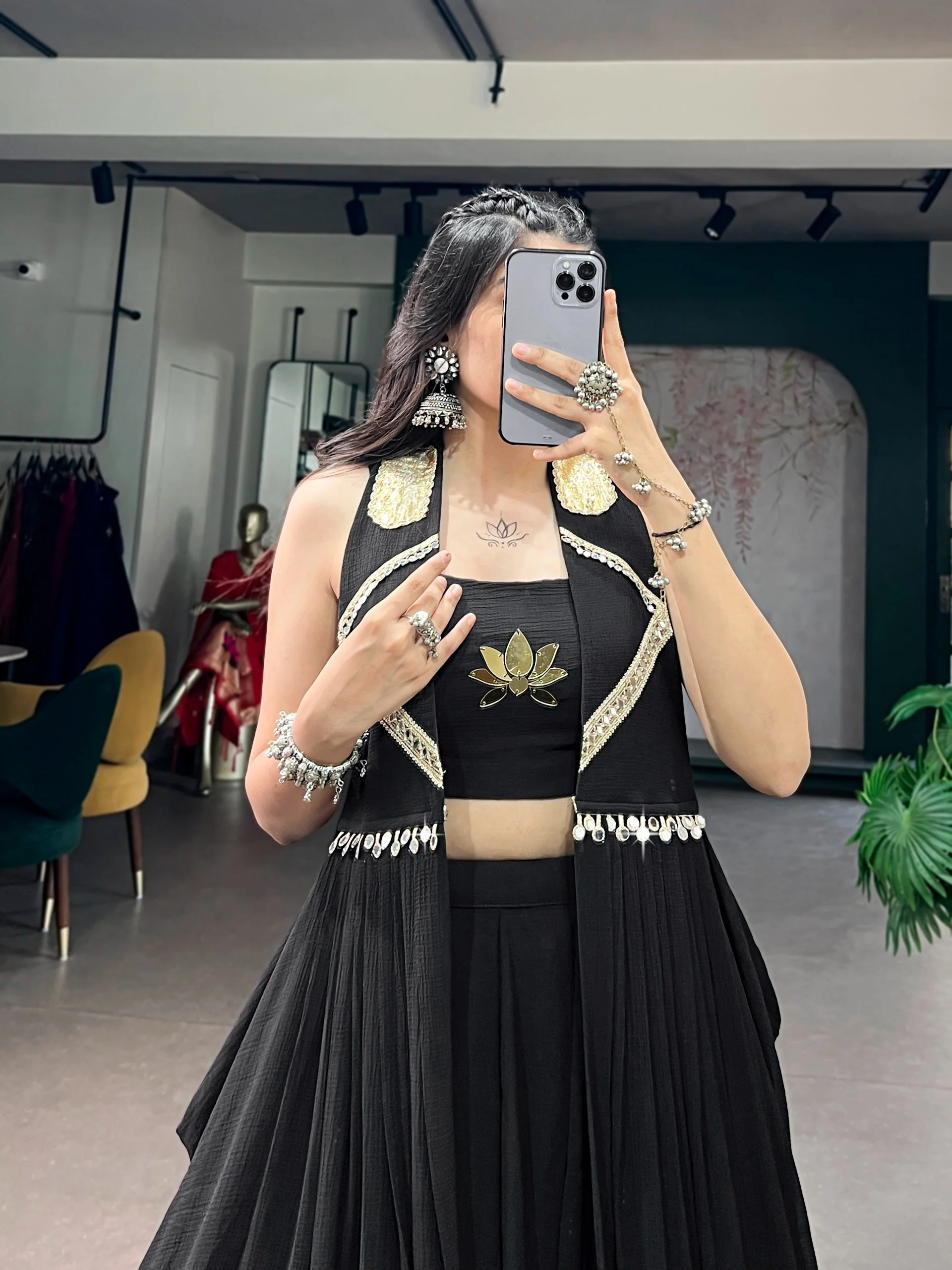 Black Elegant Lotus Handwork Navratri Wear Lehenga Set with Jacket - Image 5