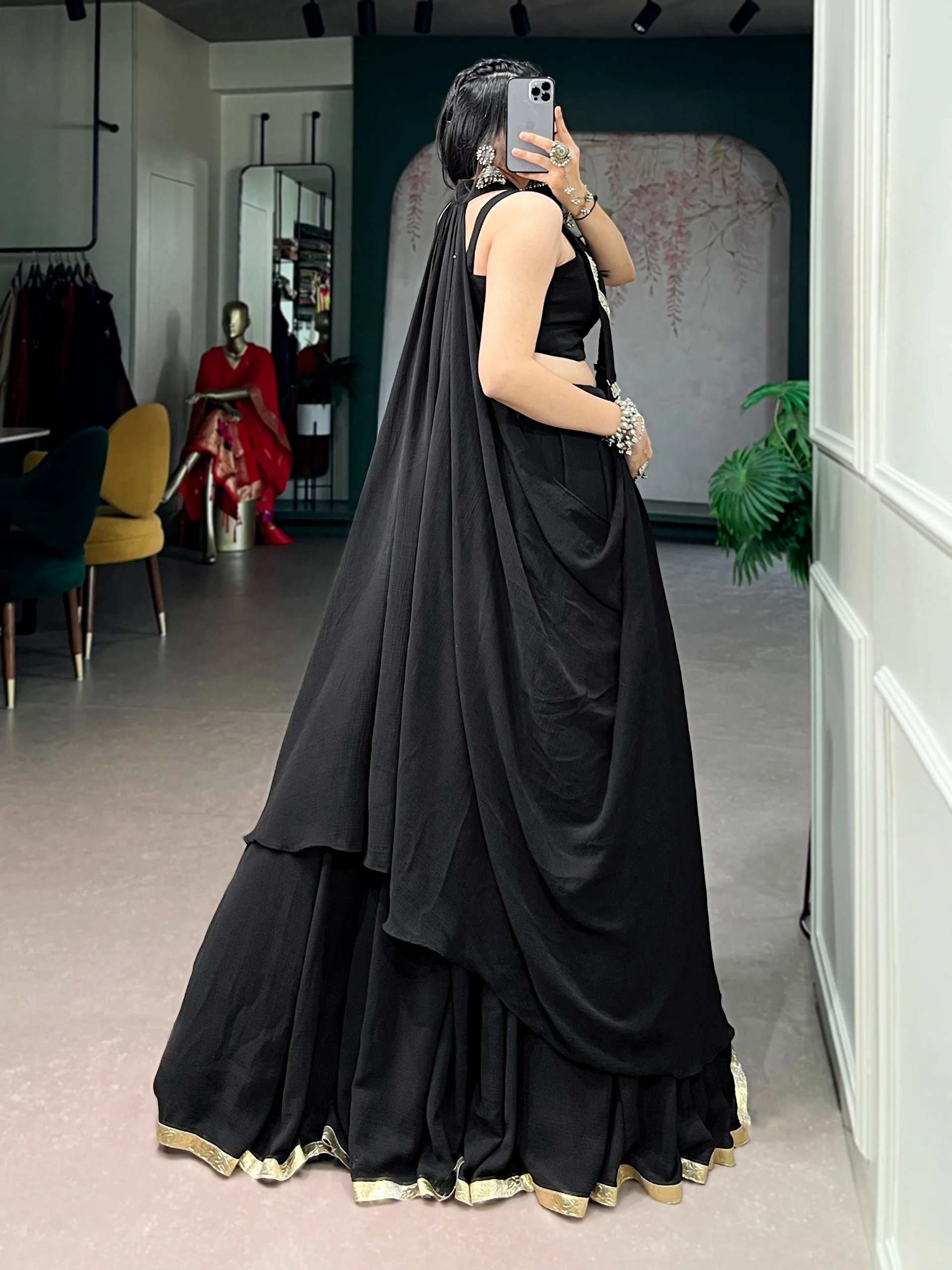 Black Elegant Lotus Handwork Navratri Wear Lehenga Set with Jacket - Image 6