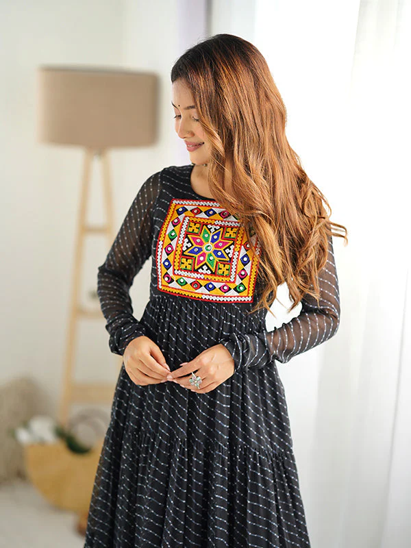 Black Layered Embroidered & Printed Anarkali Gown - Image 10