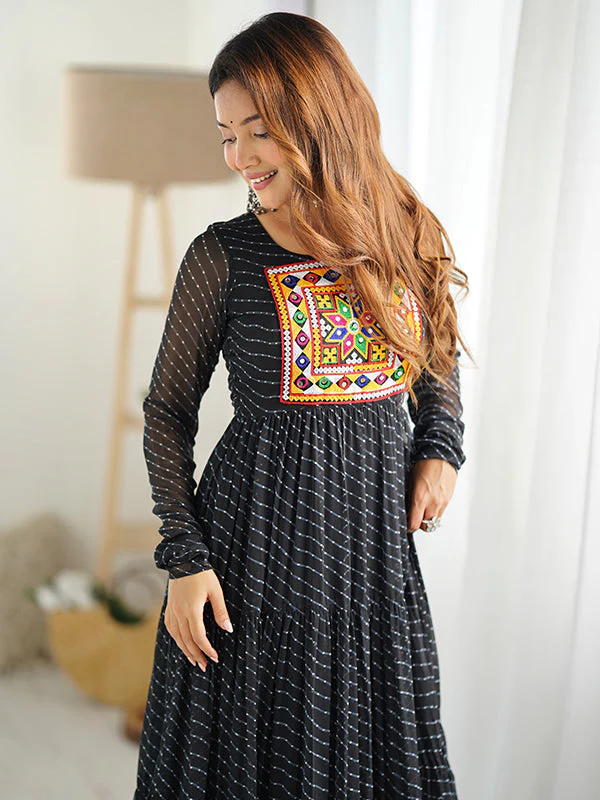 Black Layered Embroidered & Printed Anarkali Gown - Image 11
