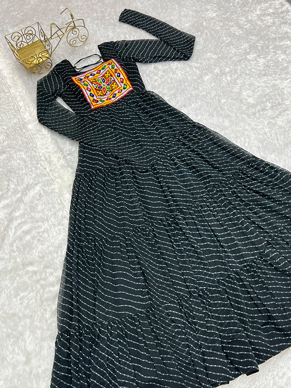 Black Layered Embroidered & Printed Anarkali Gown - Image 12