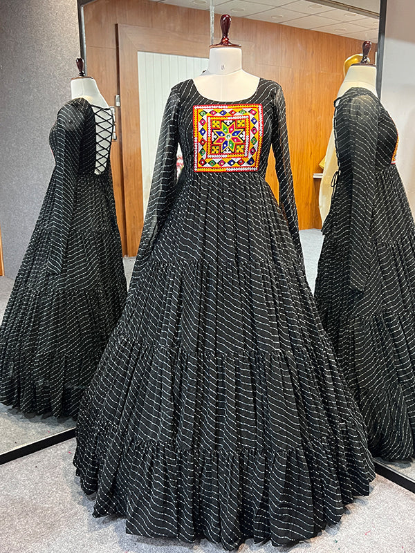Black Layered Embroidered & Printed Anarkali Gown - Image 17